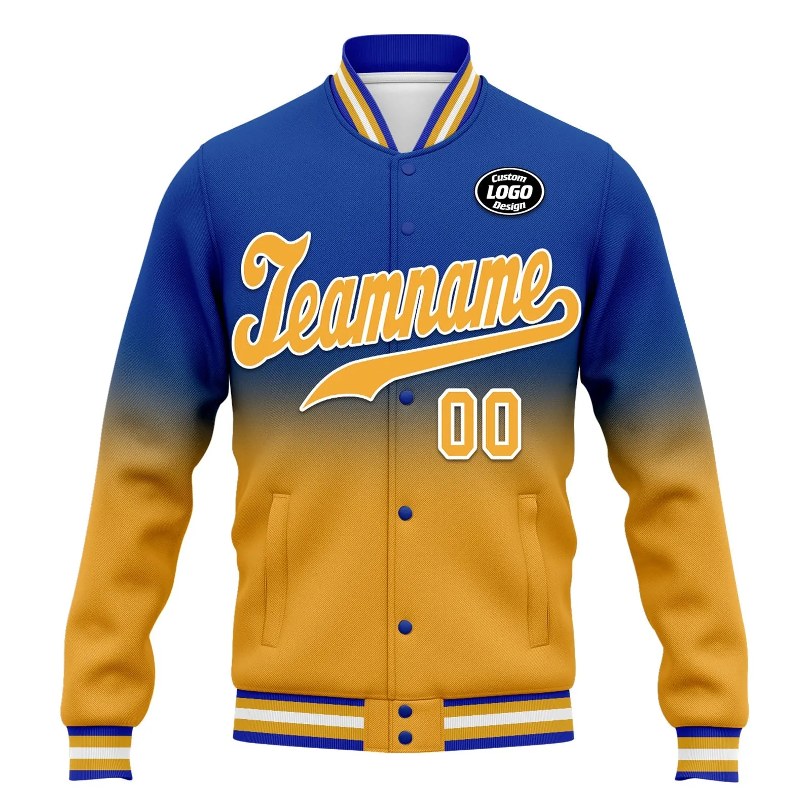 Custom Blue Yellow Fade Fashion Jacket Bomber Full-Snap Varsity Letterman Personalized Jacket FZ005-D020229-28