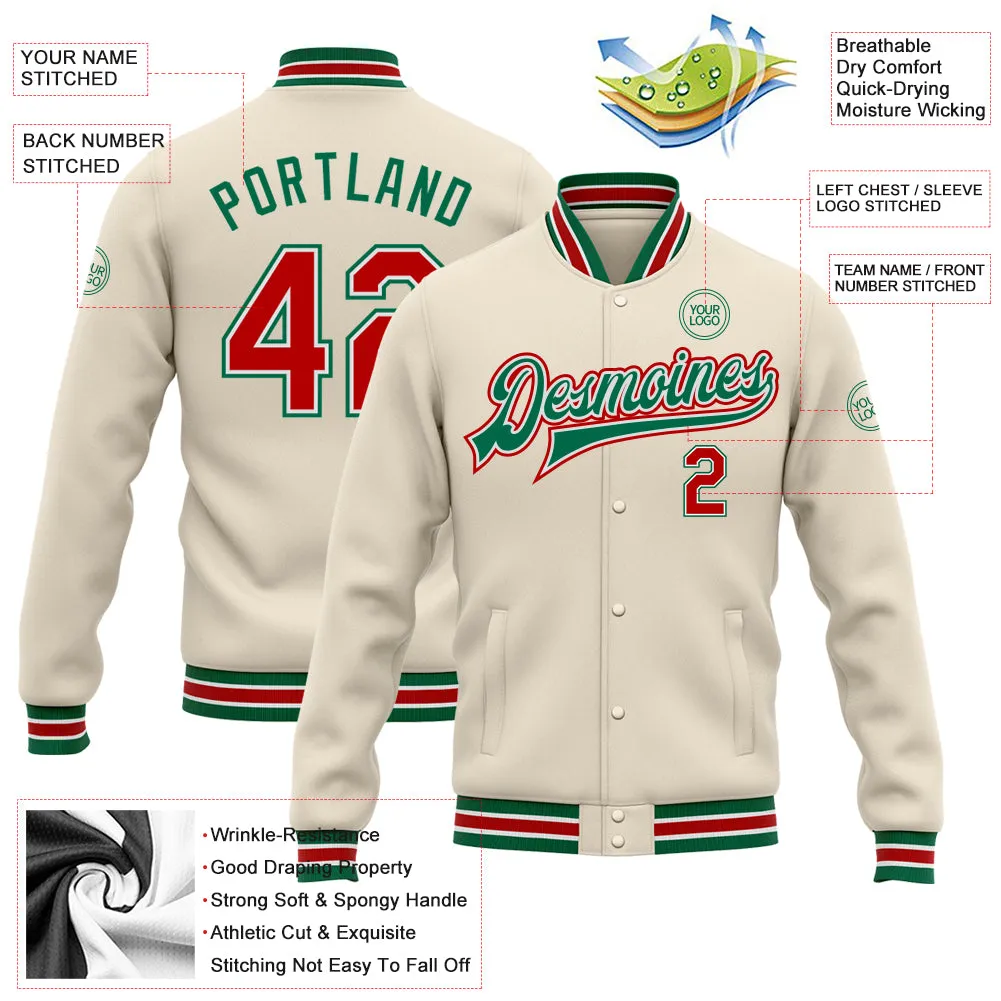 Custom Cream Red-Kelly Green Bomber Full-Snap Varsity Letterman Jacket