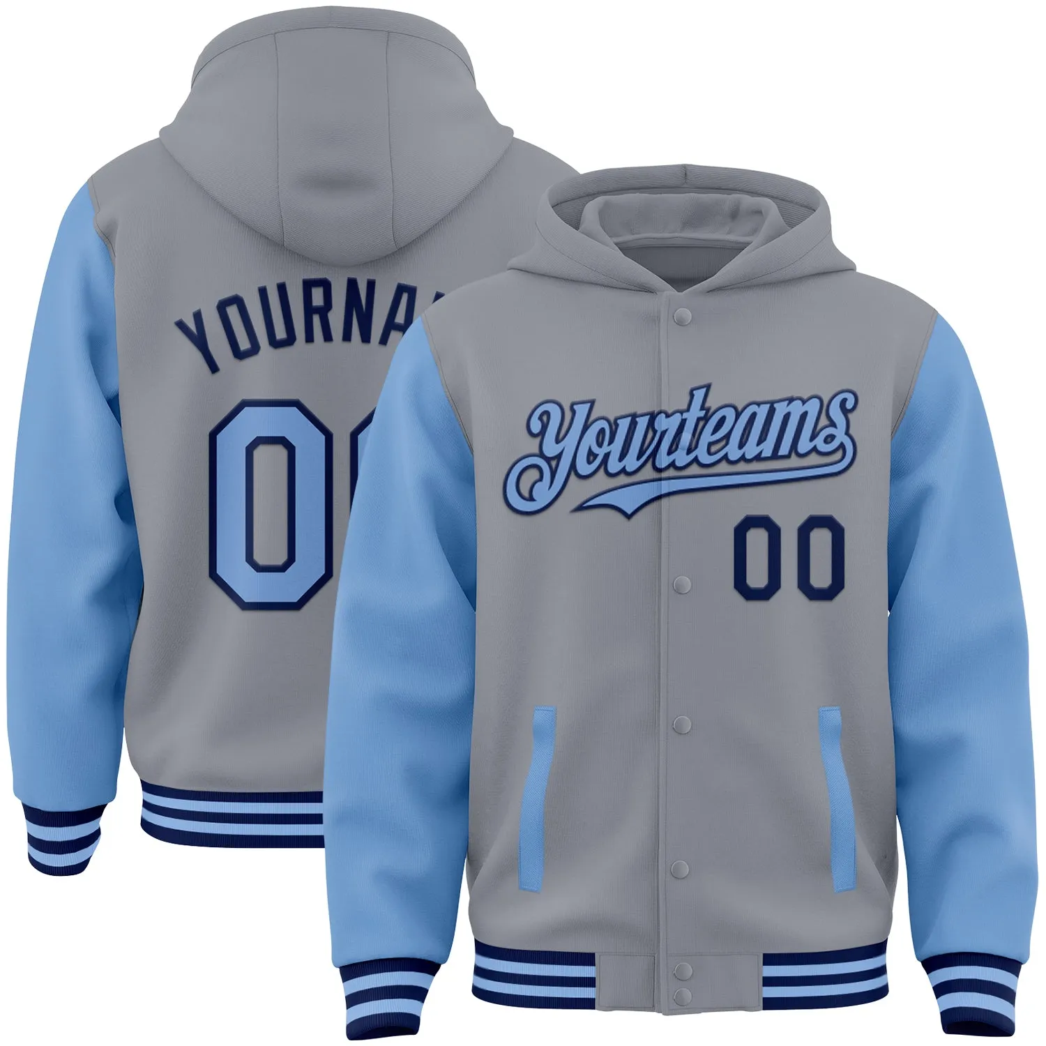 Custom Gray Light Blue-Navy Bomber Full-Snap Varsity Letterman Two Tone Hoodie Jacket