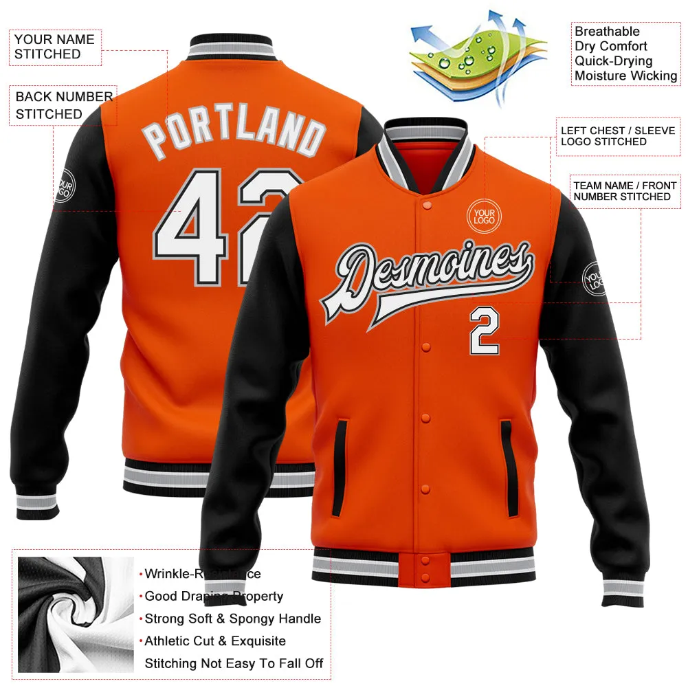 Custom Orange White Black-Gray Bomber Full-Snap Varsity Letterman Two Tone Jacket