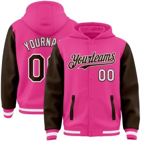 Custom Pink Brown-White Bomber Full-Snap Varsity Letterman Two Tone Hoodie Jacket