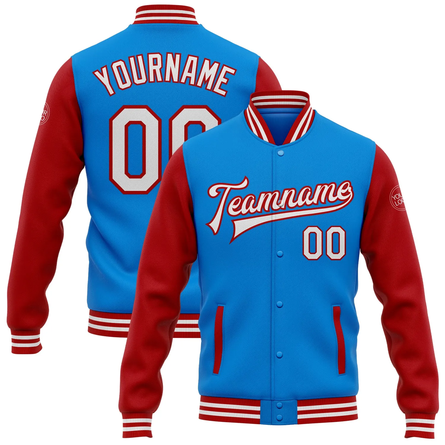 Custom Powder Blue White-Red Bomber Full-Snap Varsity Letterman Two Tone Jacket