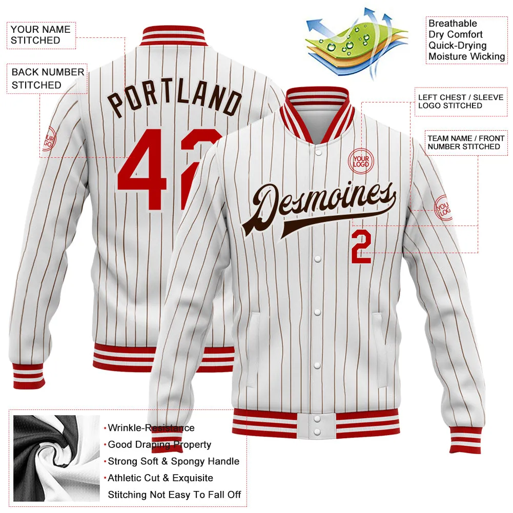 Custom White Brown Pinstripe Red Bomber Full-Snap Varsity Letterman Jacket