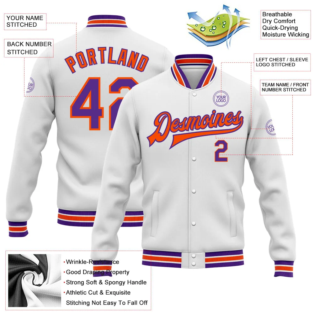 Custom White Purple-Orange Bomber Full-Snap Varsity Letterman Jacket