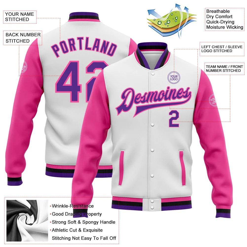 Custom White Purple Pink-Black Bomber Full-Snap Varsity Letterman Two Tone Jacket