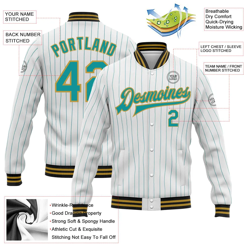 Custom White Teal Pinstripe Old Gold-Black Bomber Full-Snap Varsity Letterman Jacket