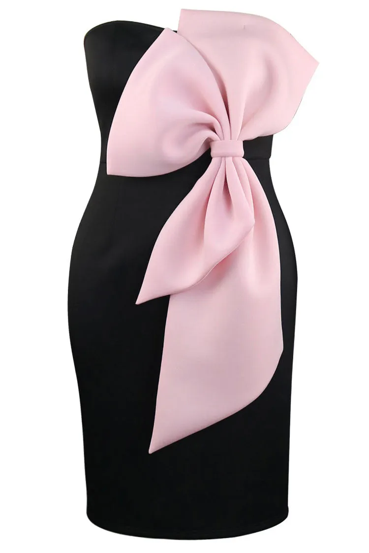 Cute Big Bow Applique Bicolor Strapless Bodycon Cocktail Party Midi Dress - Black