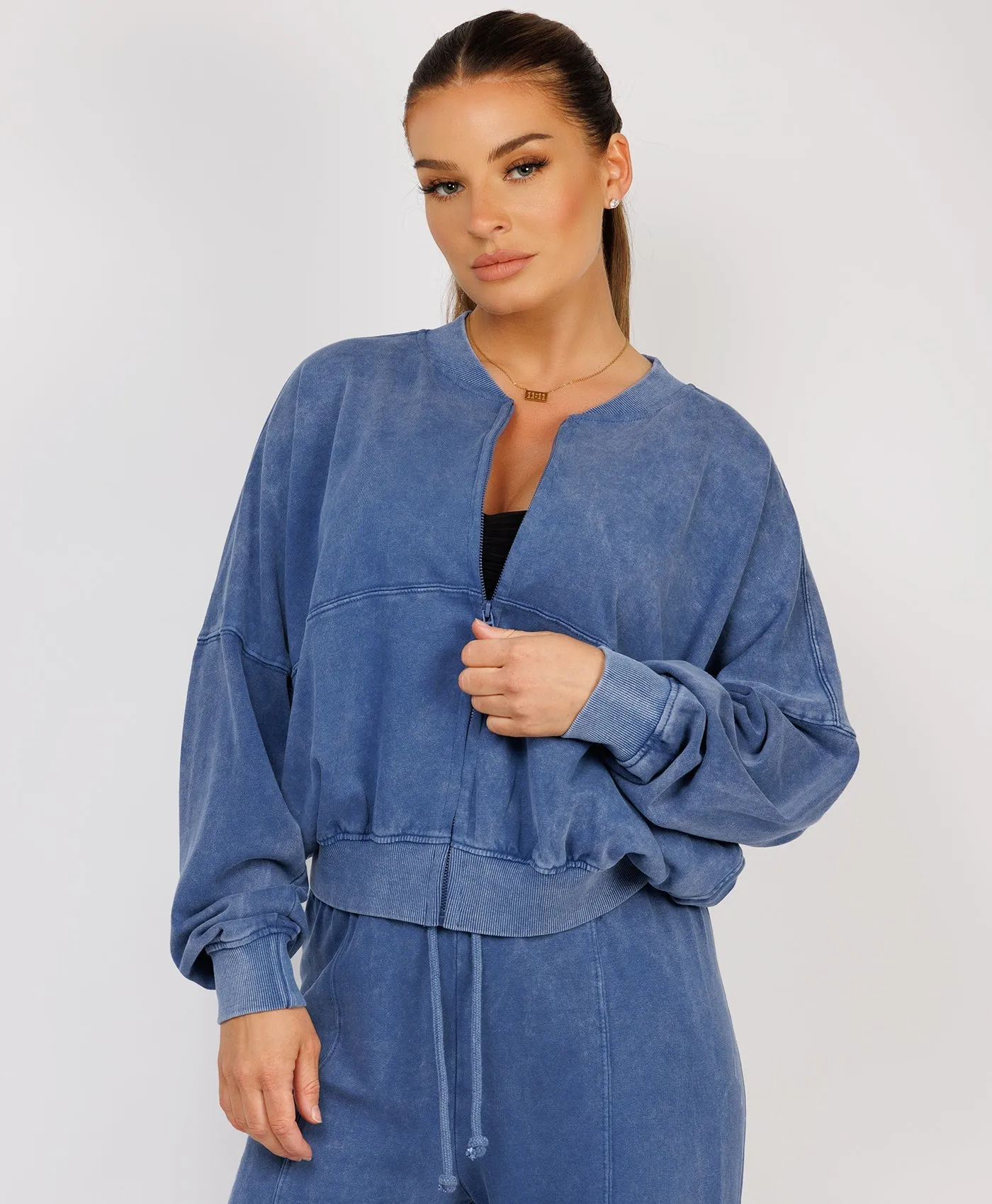 Denim Blue Stonewashed Zipped Bomber Jacket & Joggers Loungewear Set