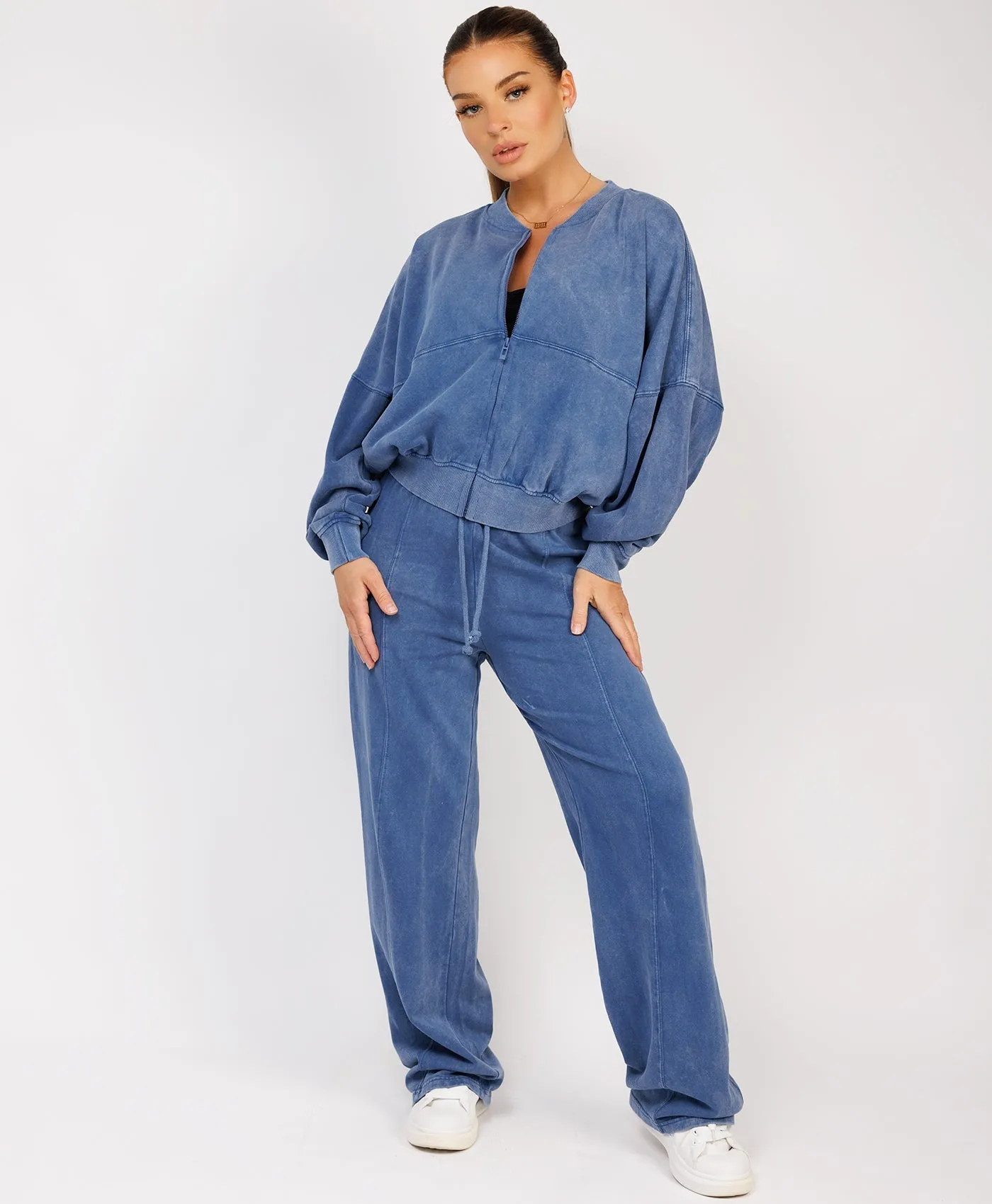 Denim Blue Stonewashed Zipped Bomber Jacket & Joggers Loungewear Set