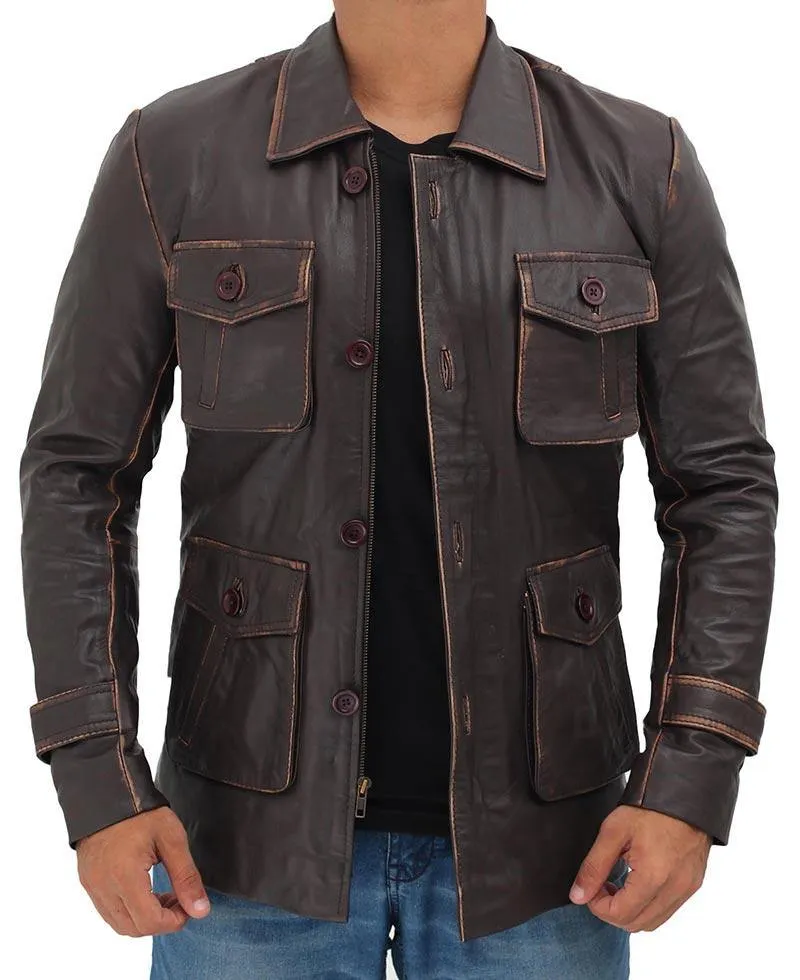 Distressed Brown Real Leather Jacket with Four Pockets