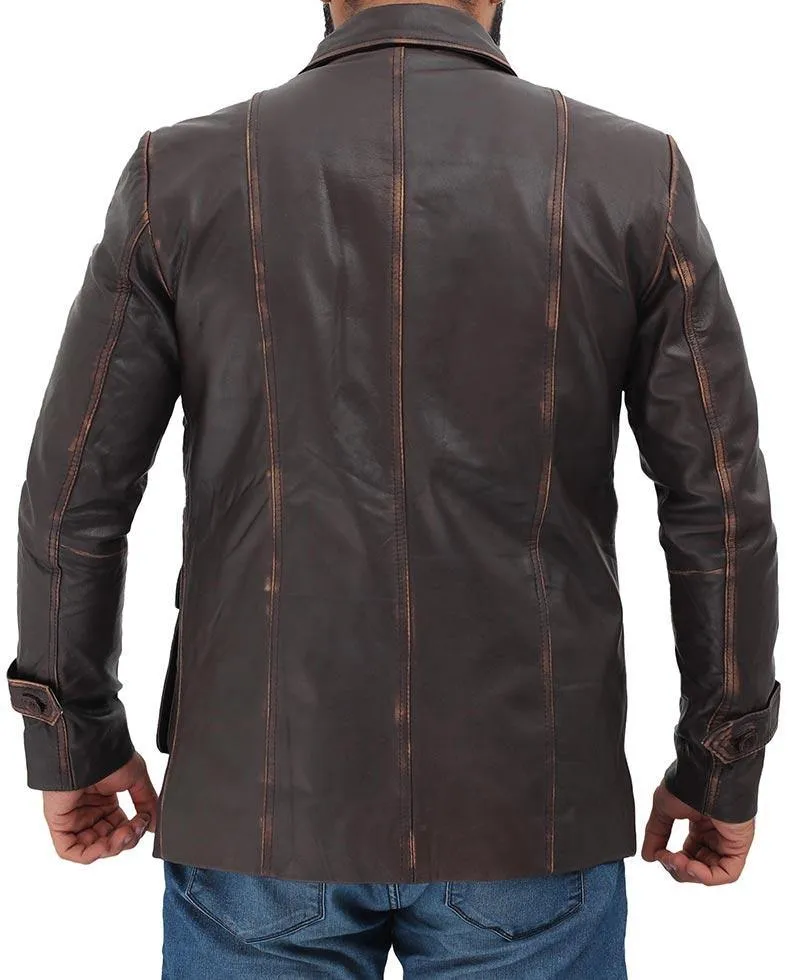 Distressed Brown Real Leather Jacket with Four Pockets