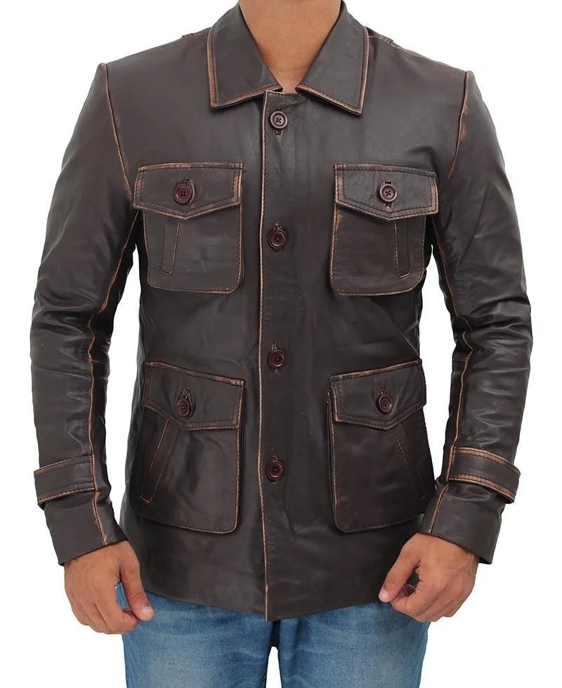 Distressed Brown Real Leather Jacket with Four Pockets