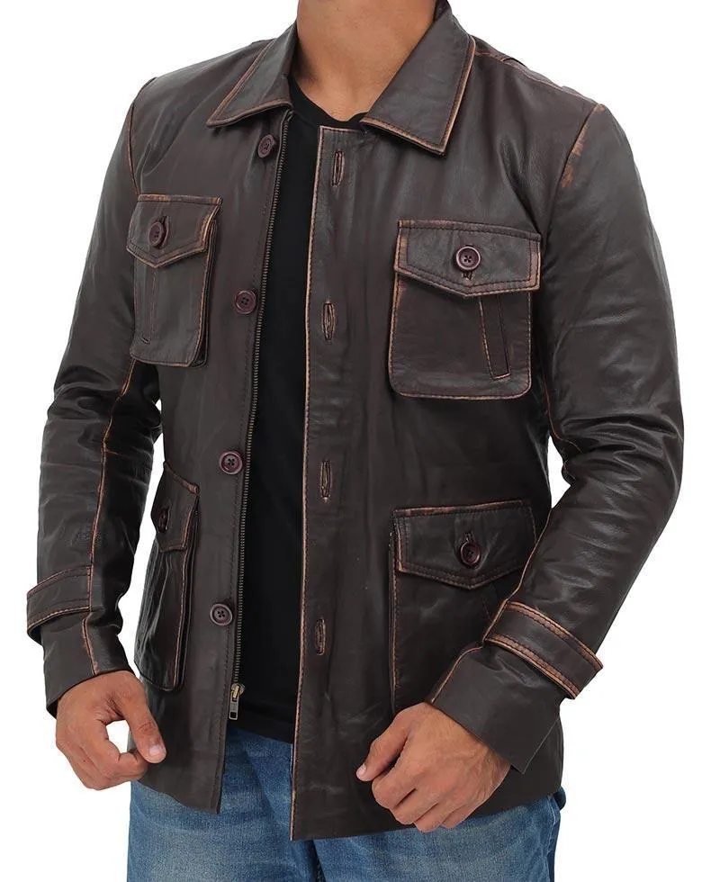 Distressed Brown Real Leather Jacket with Four Pockets