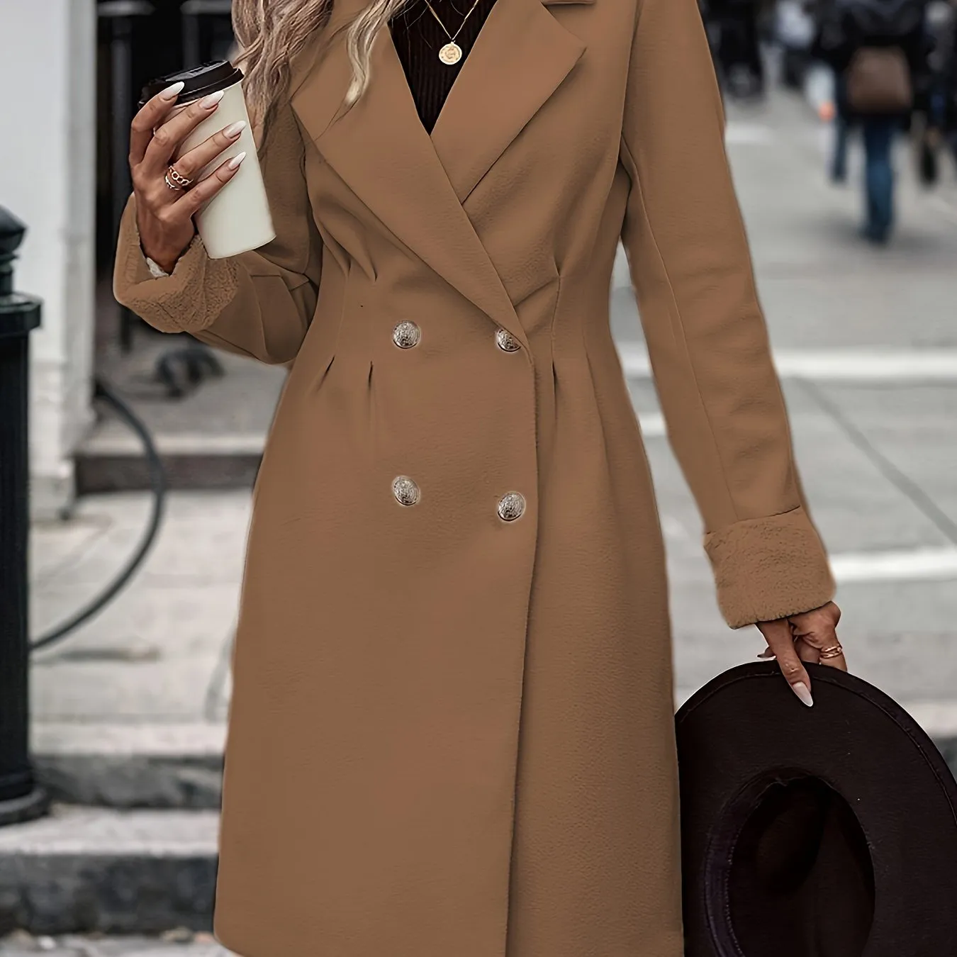 Double-breasted Lapel Collar Overcoat, Elegant Long Sleeve Mid-length Outerwear For Women