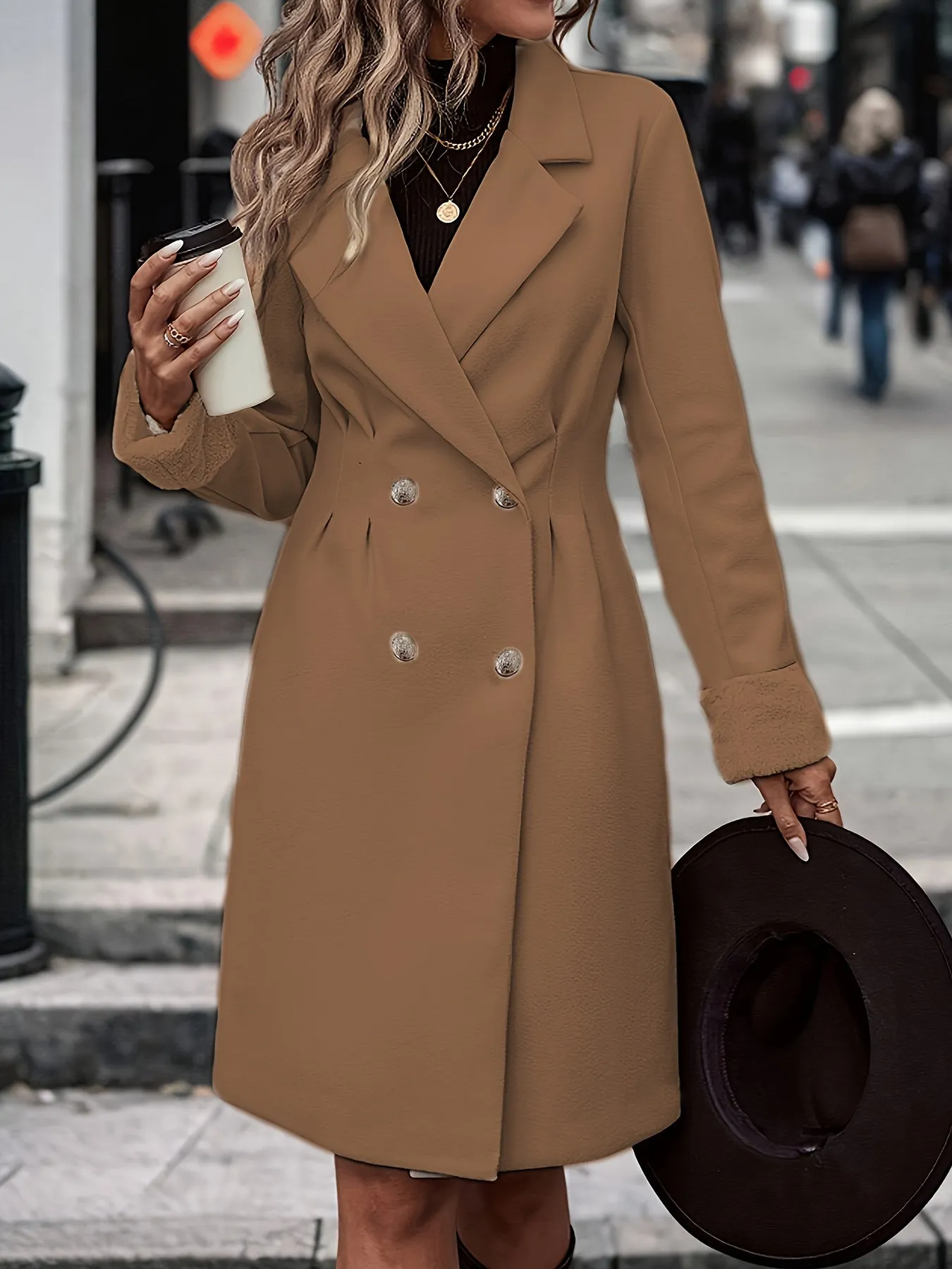 Double-breasted Lapel Collar Overcoat, Elegant Long Sleeve Mid-length Outerwear For Women