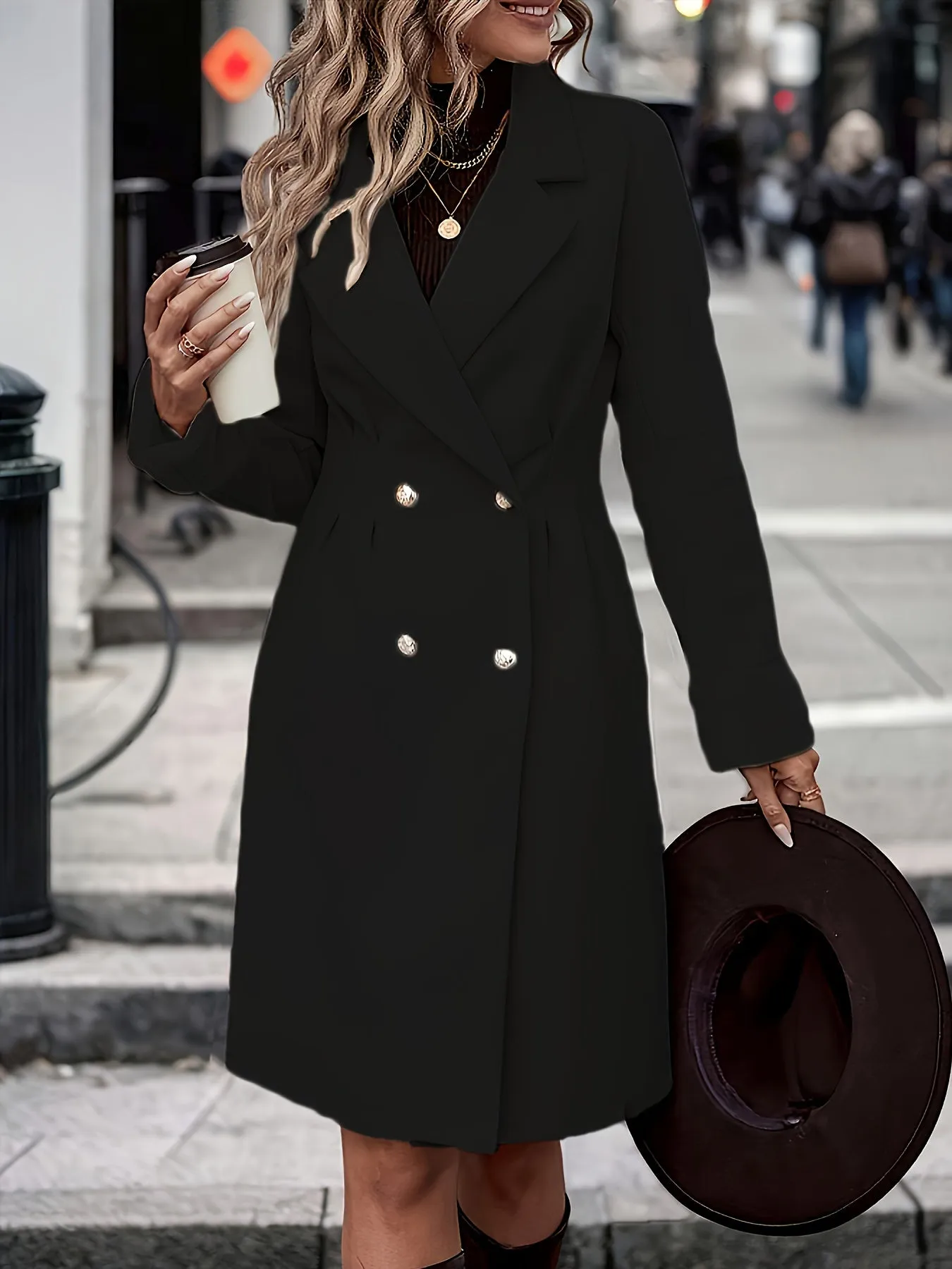 Double-breasted Lapel Collar Overcoat, Elegant Long Sleeve Mid-length Outerwear For Women