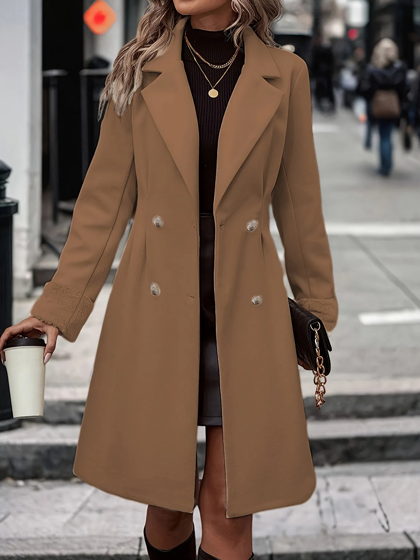 Double-breasted Lapel Collar Overcoat, Elegant Long Sleeve Mid-length Outerwear For Women