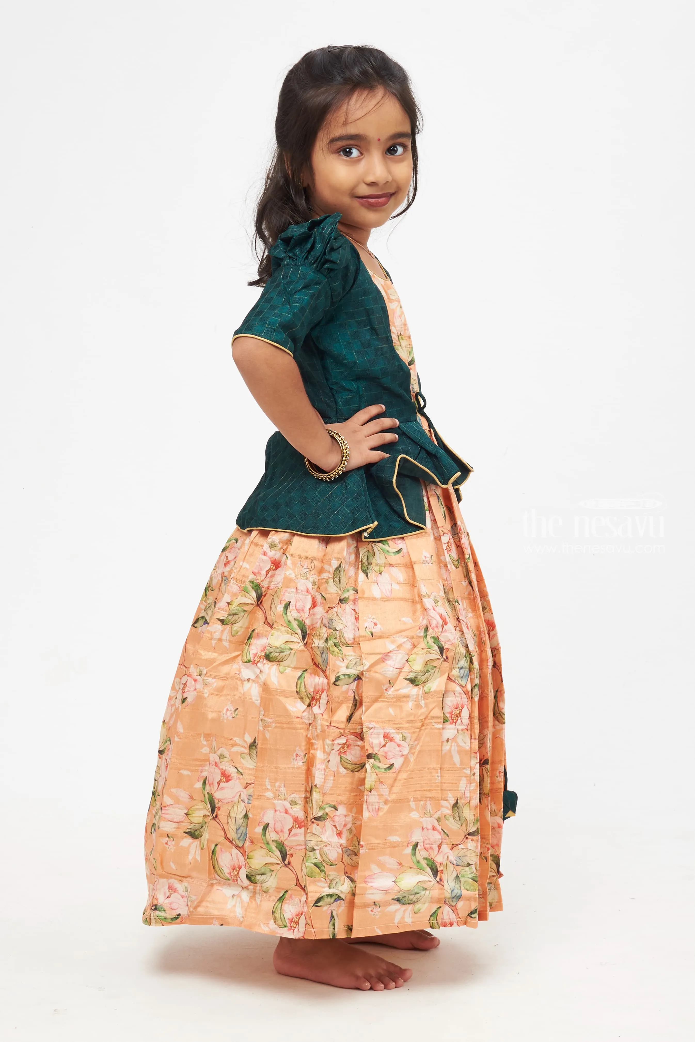 Emerald Elegance: Children's Forest Green Peplum Jacket & Peach Floral Anarkali Dress