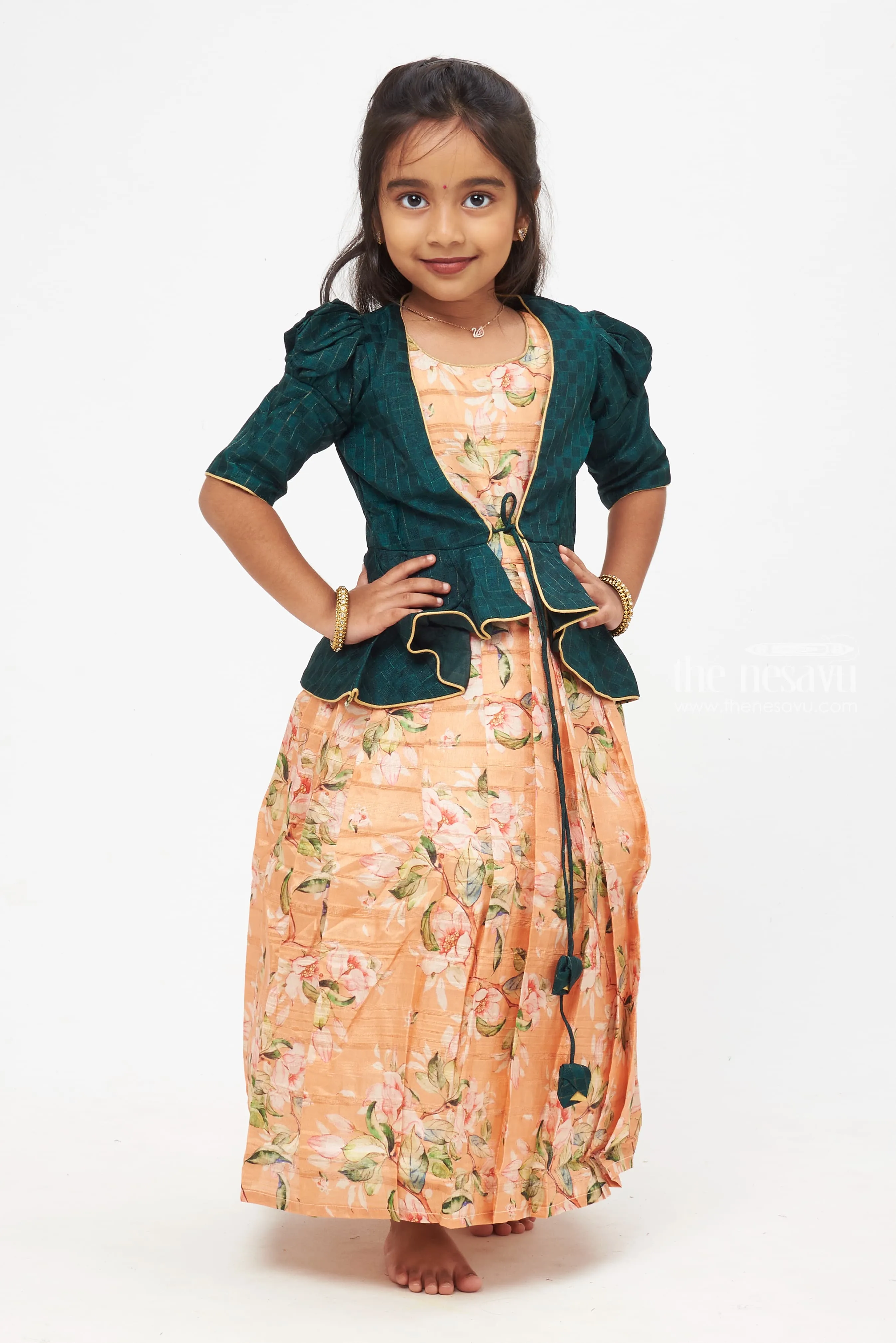 Emerald Elegance: Children's Forest Green Peplum Jacket & Peach Floral Anarkali Dress