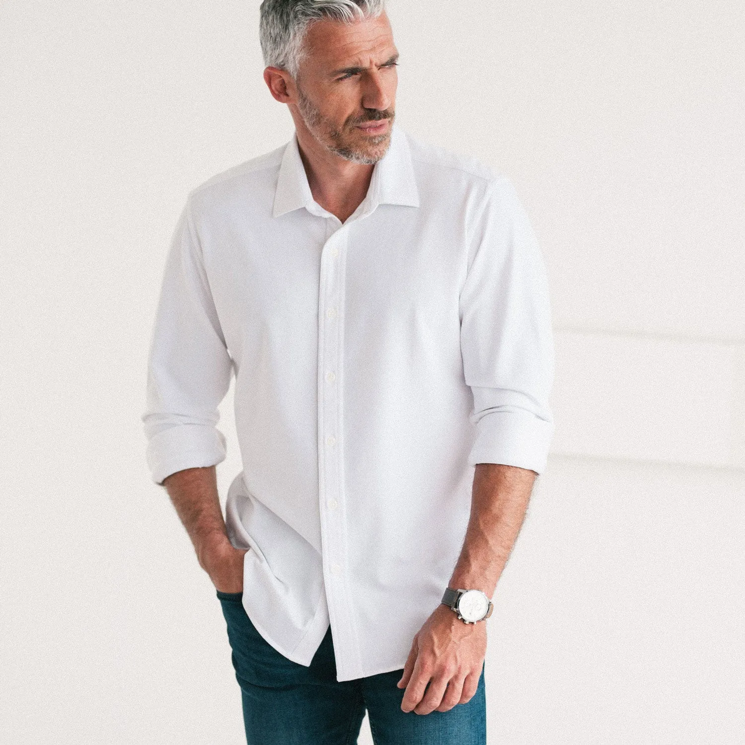 Essential Spread Collar Casual Knit Shirt - Pure White Cotton Knit Pique