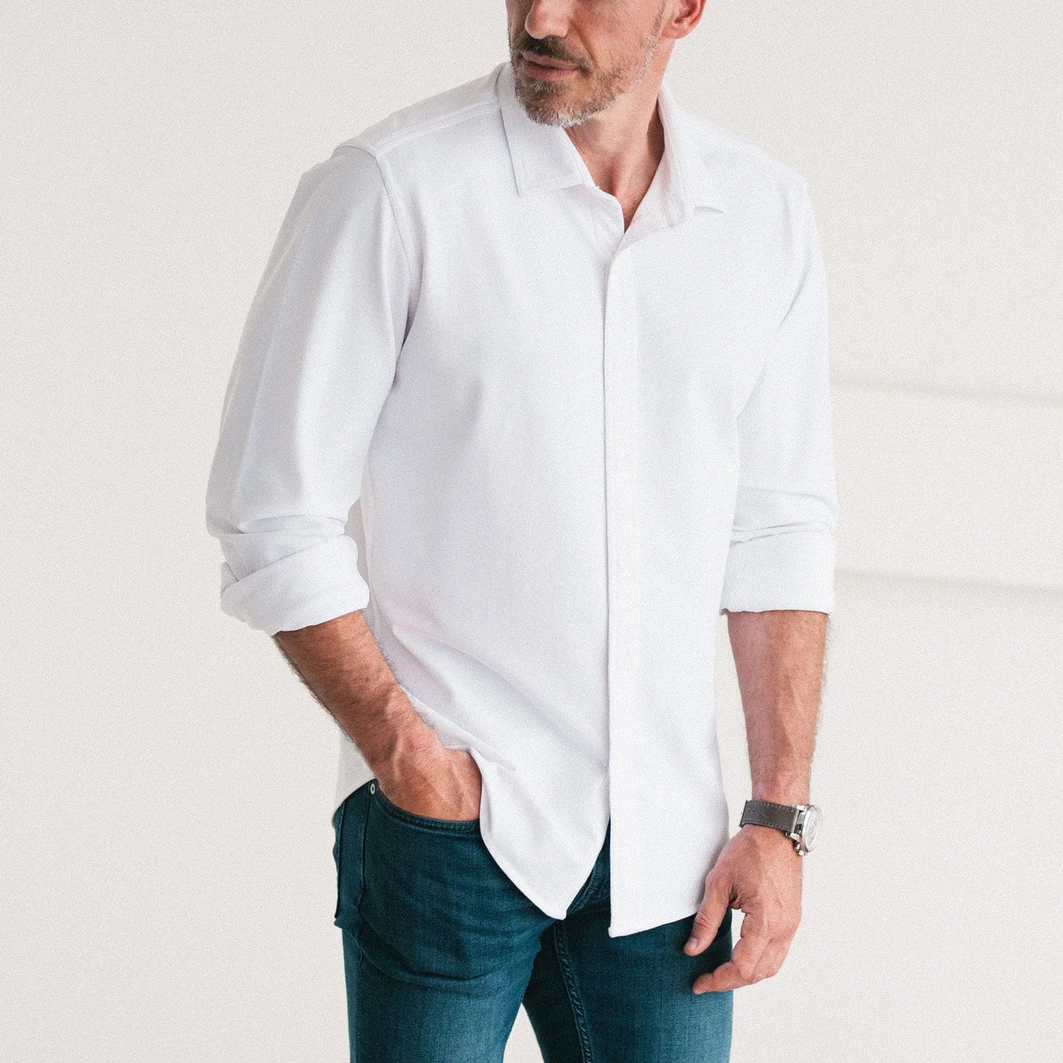 Essential Spread Collar Casual Knit Shirt - Pure White Cotton Knit Pique