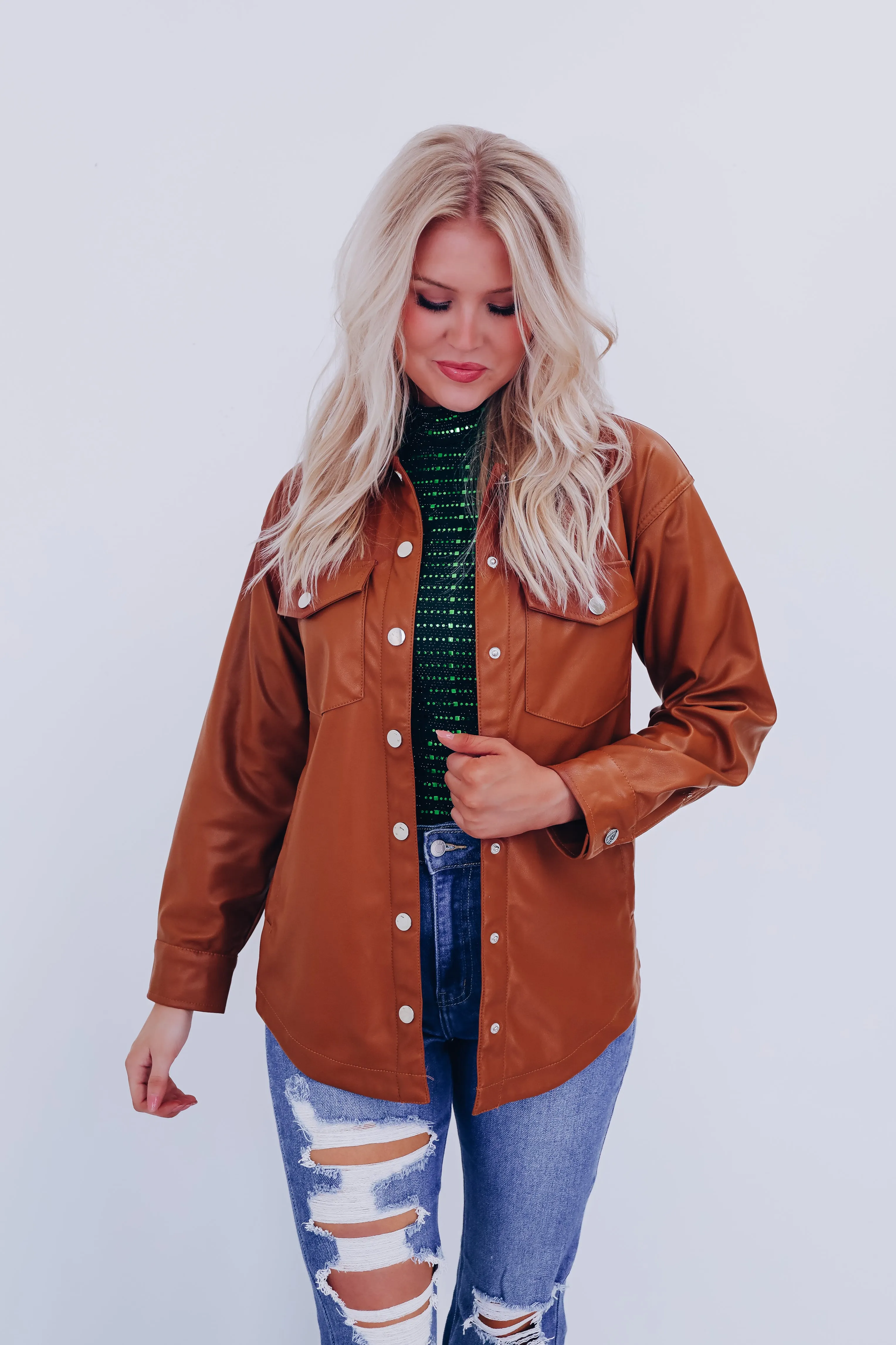 Feelin' Fine Faux Leather Shacket - Camel