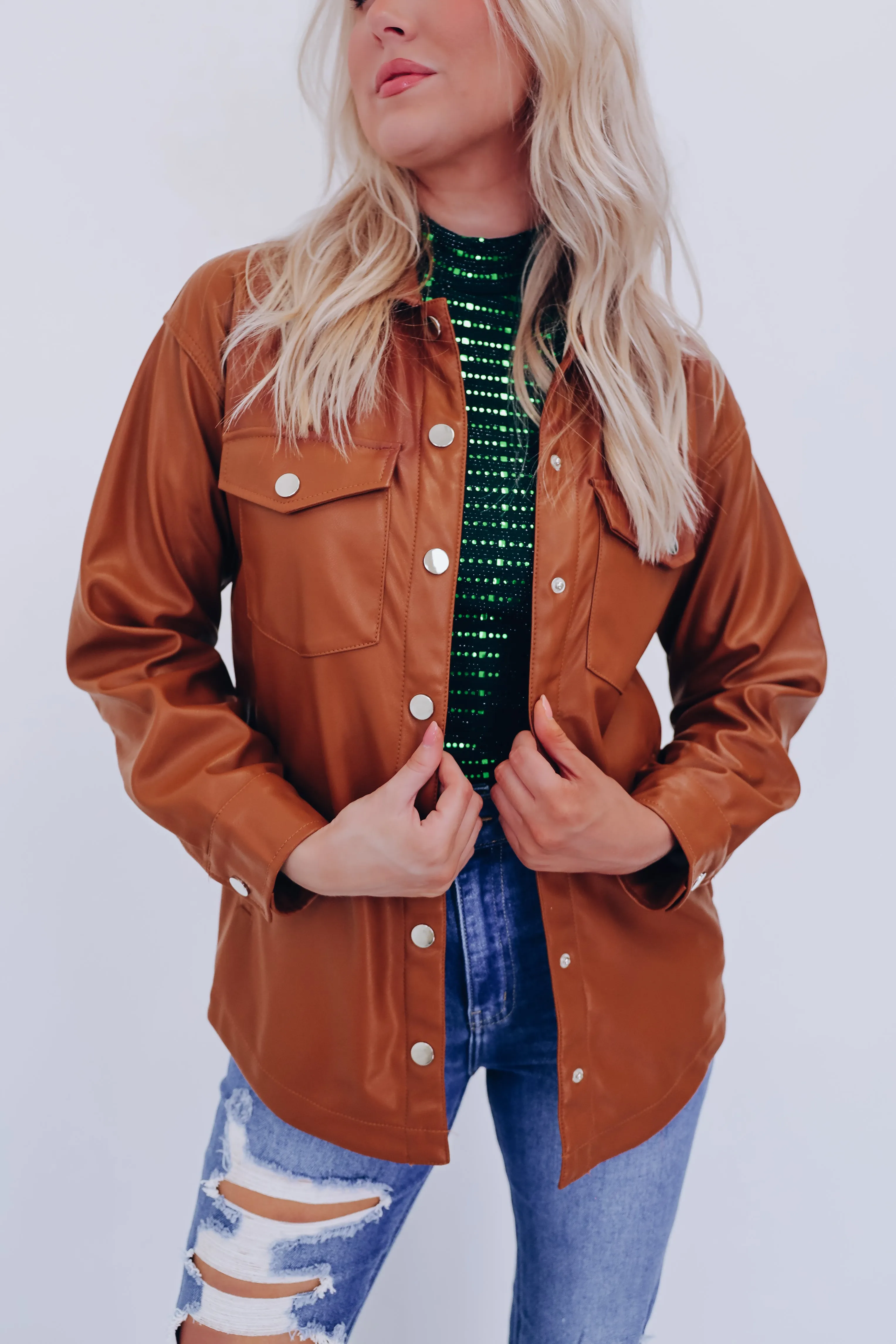 Feelin' Fine Faux Leather Shacket - Camel