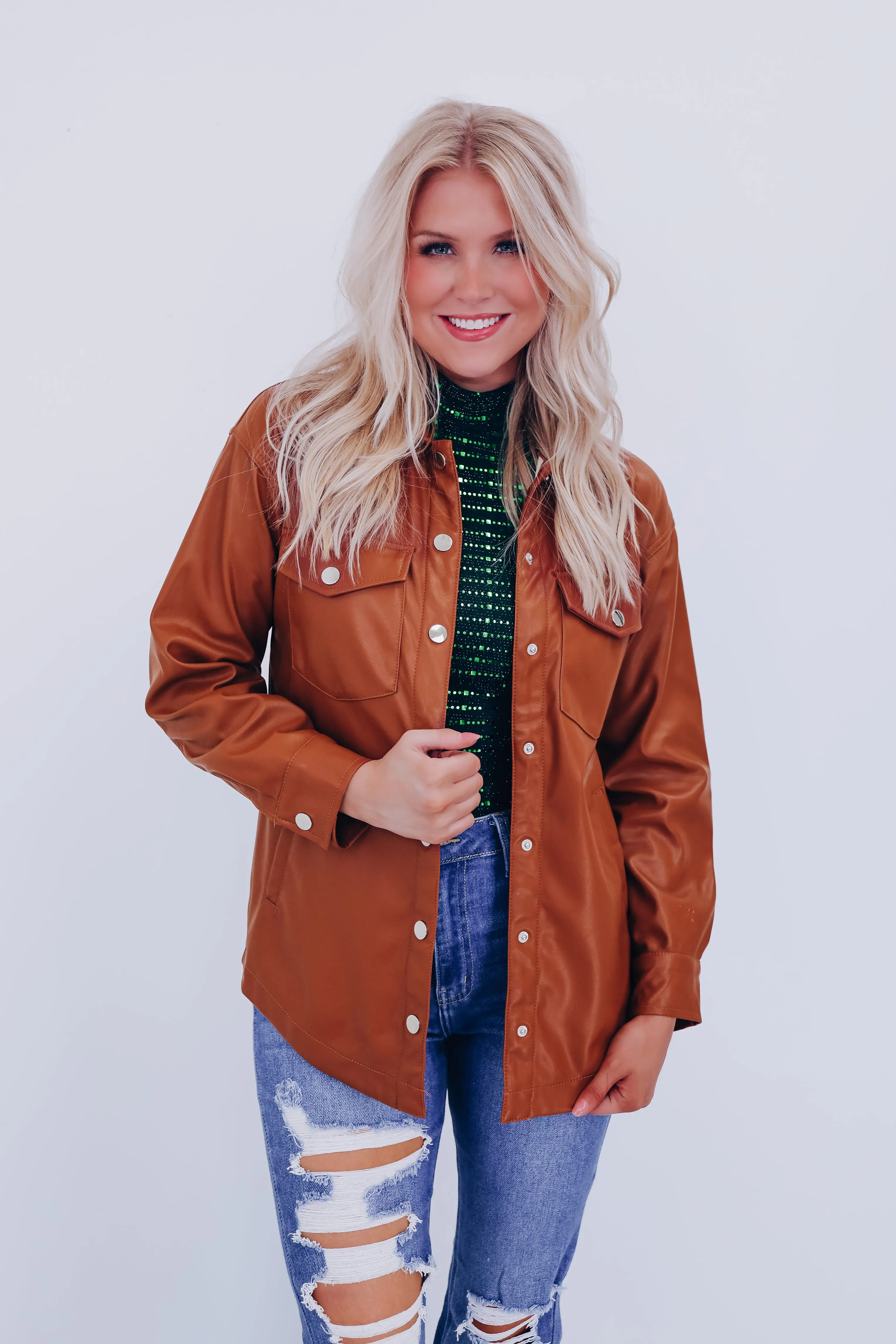 Feelin' Fine Faux Leather Shacket - Camel