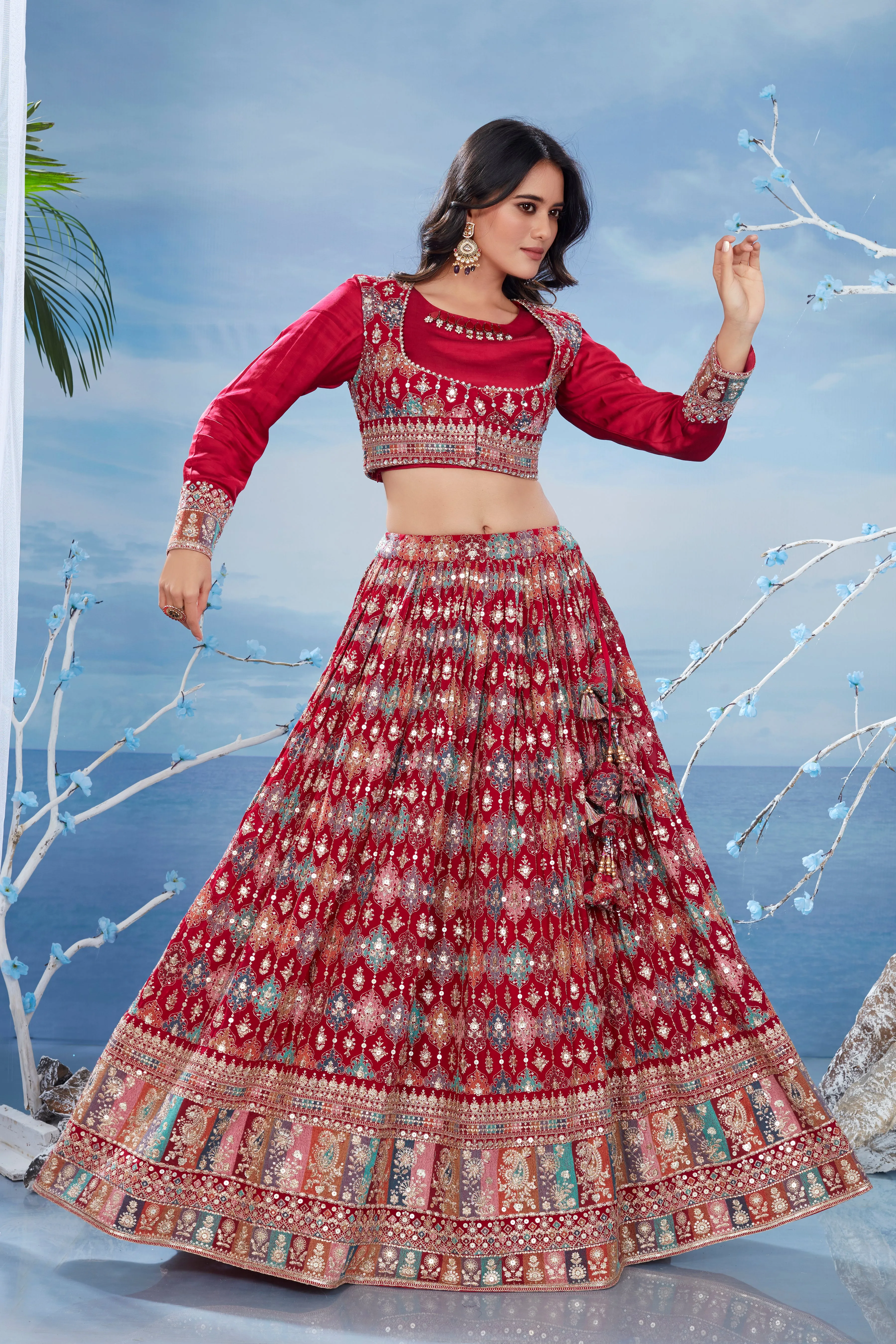 Festive Red Heavy Embellished Italian Silk Skirt Set