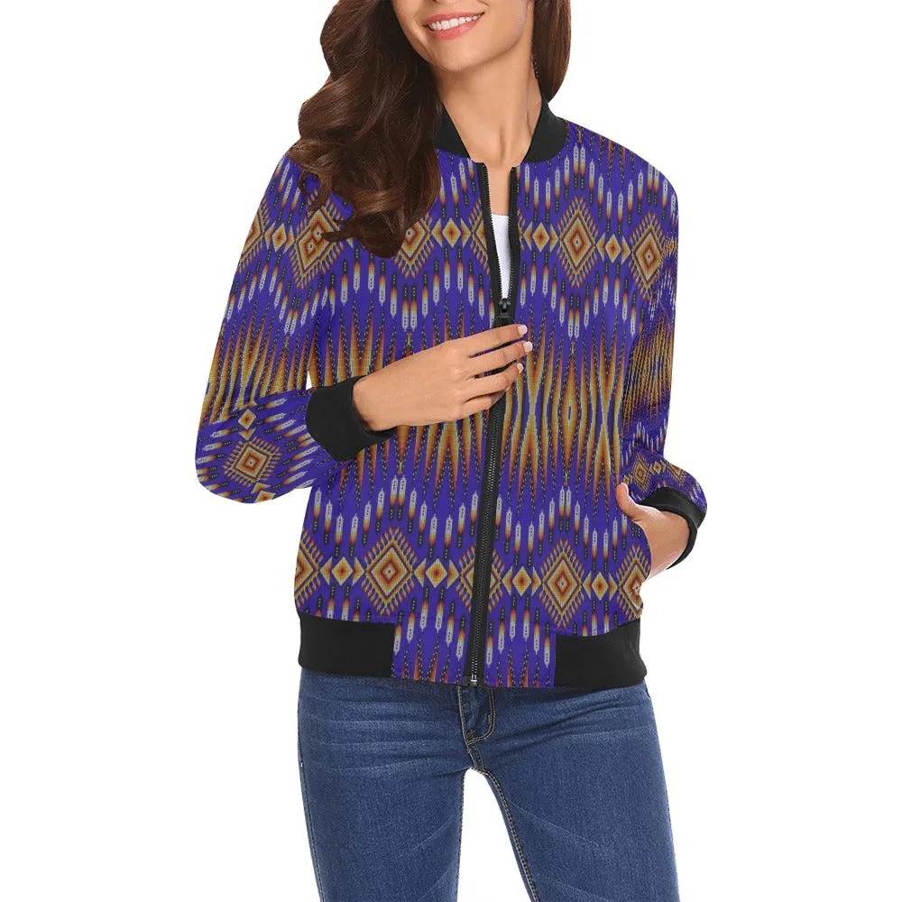 Fire Feather Blue All Over Print Bomber Jacket for Women