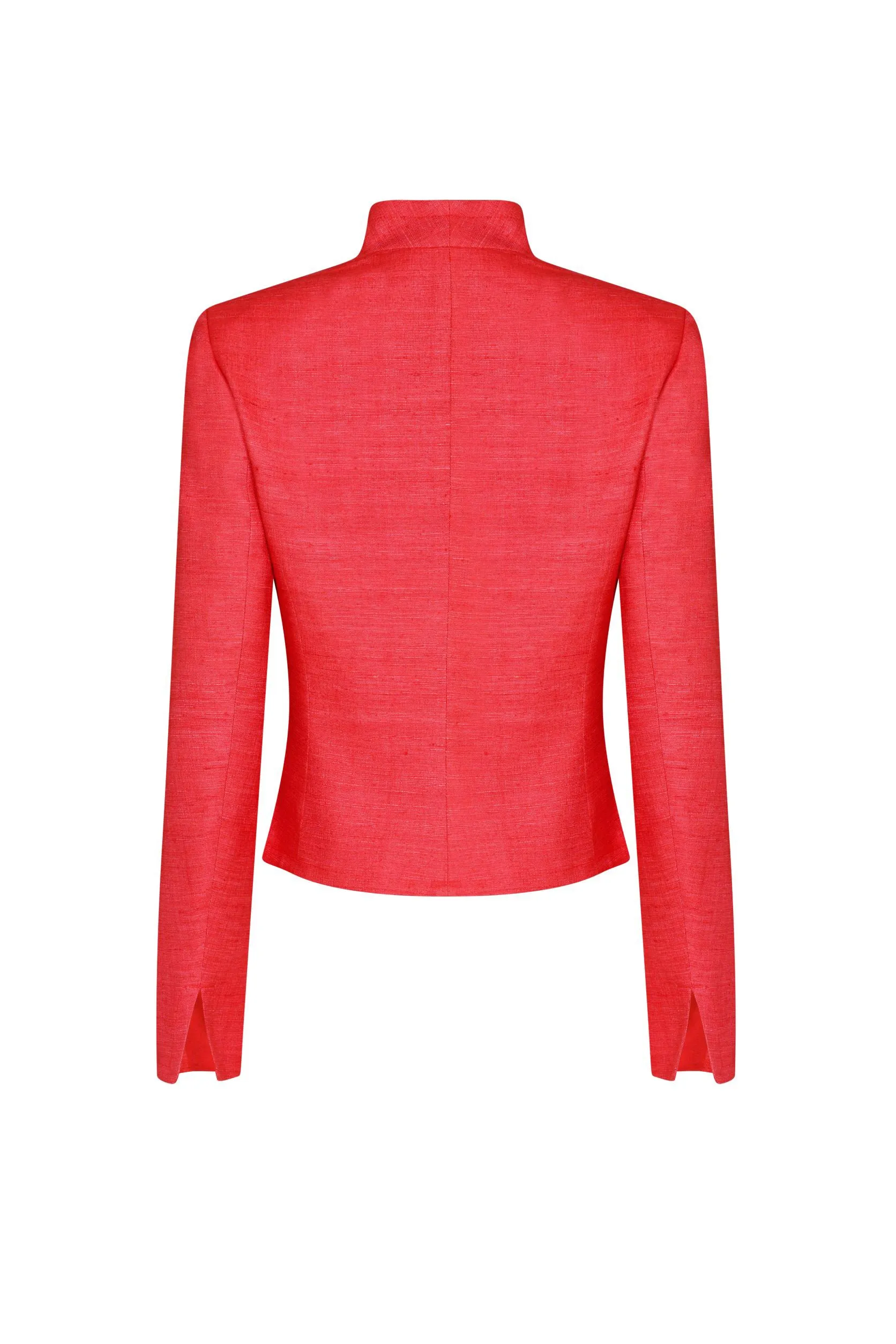 Fitted, Short Jacket in Scarlet-Red Plain Raw Silk Tussar - Margo