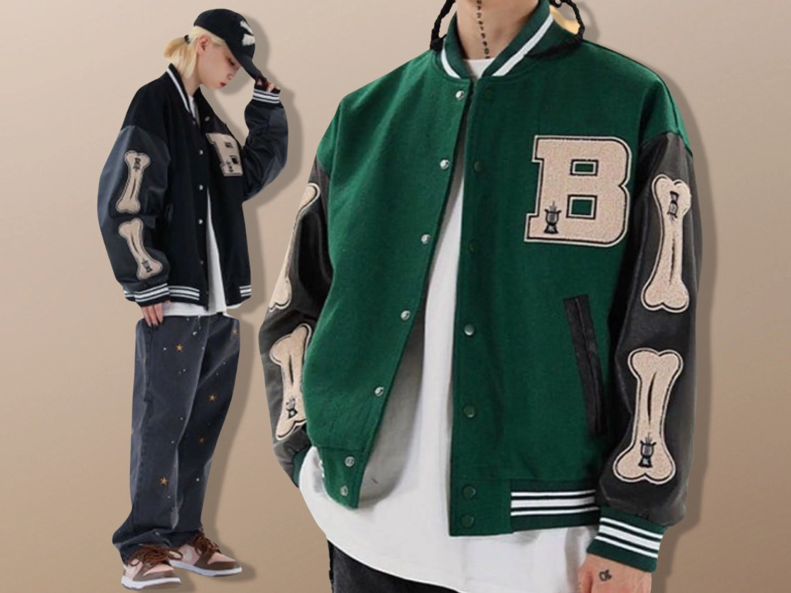 Fleece 3D Bone Letter Patchwork Streetwear Varsity Baseball Jacket