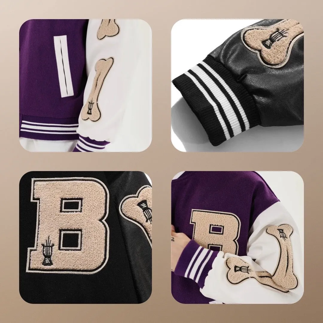 Fleece 3D Bone Letter Patchwork Streetwear Varsity Baseball Jacket