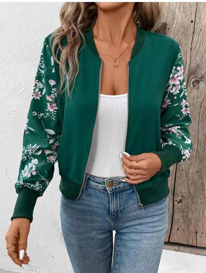 Flower Printed Zip Up Bomber Jacket For Women