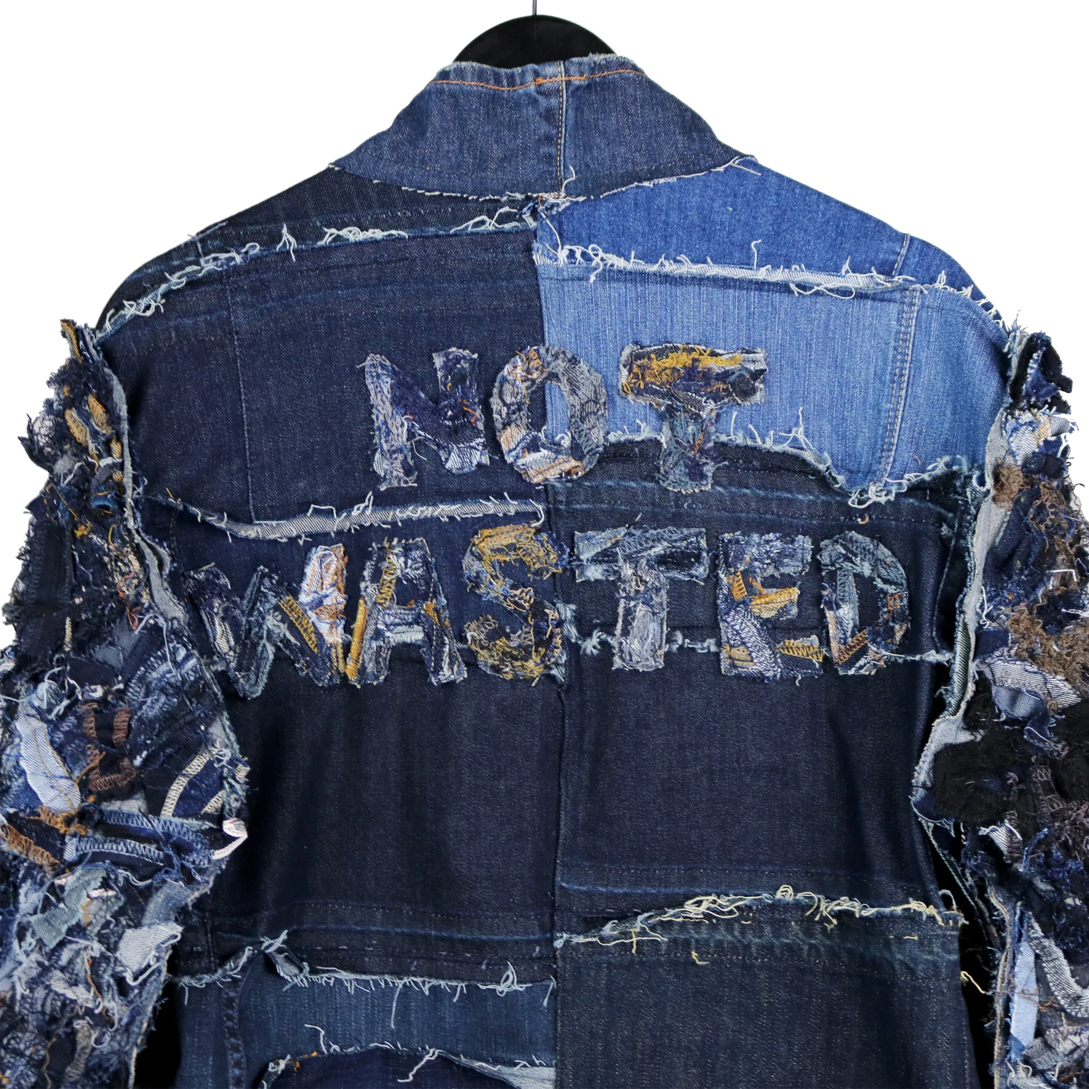 Garbage Bin - Upcycled denim bomber jacket with zero waste sleeves