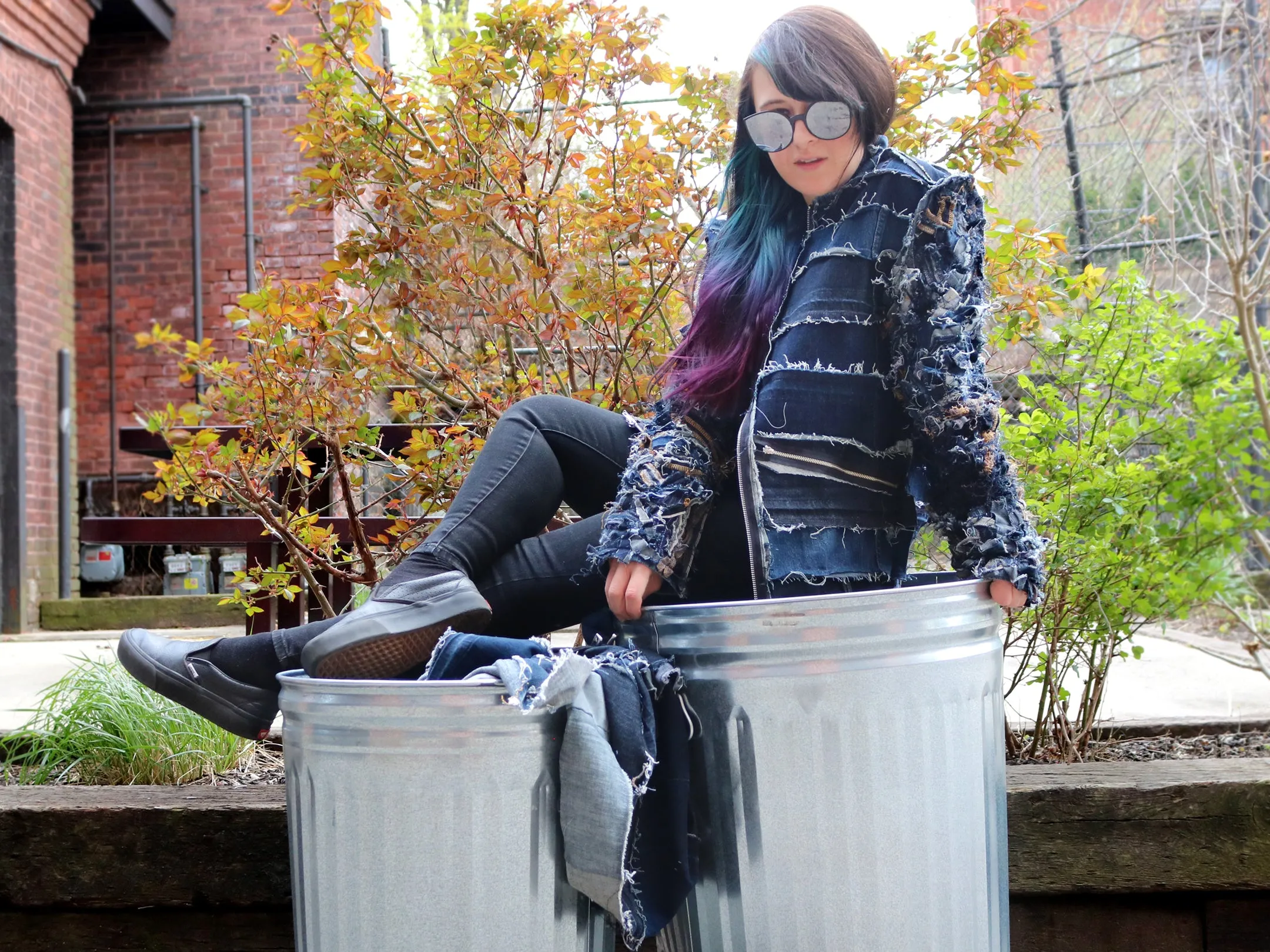 Garbage Bin - Upcycled denim bomber jacket with zero waste sleeves