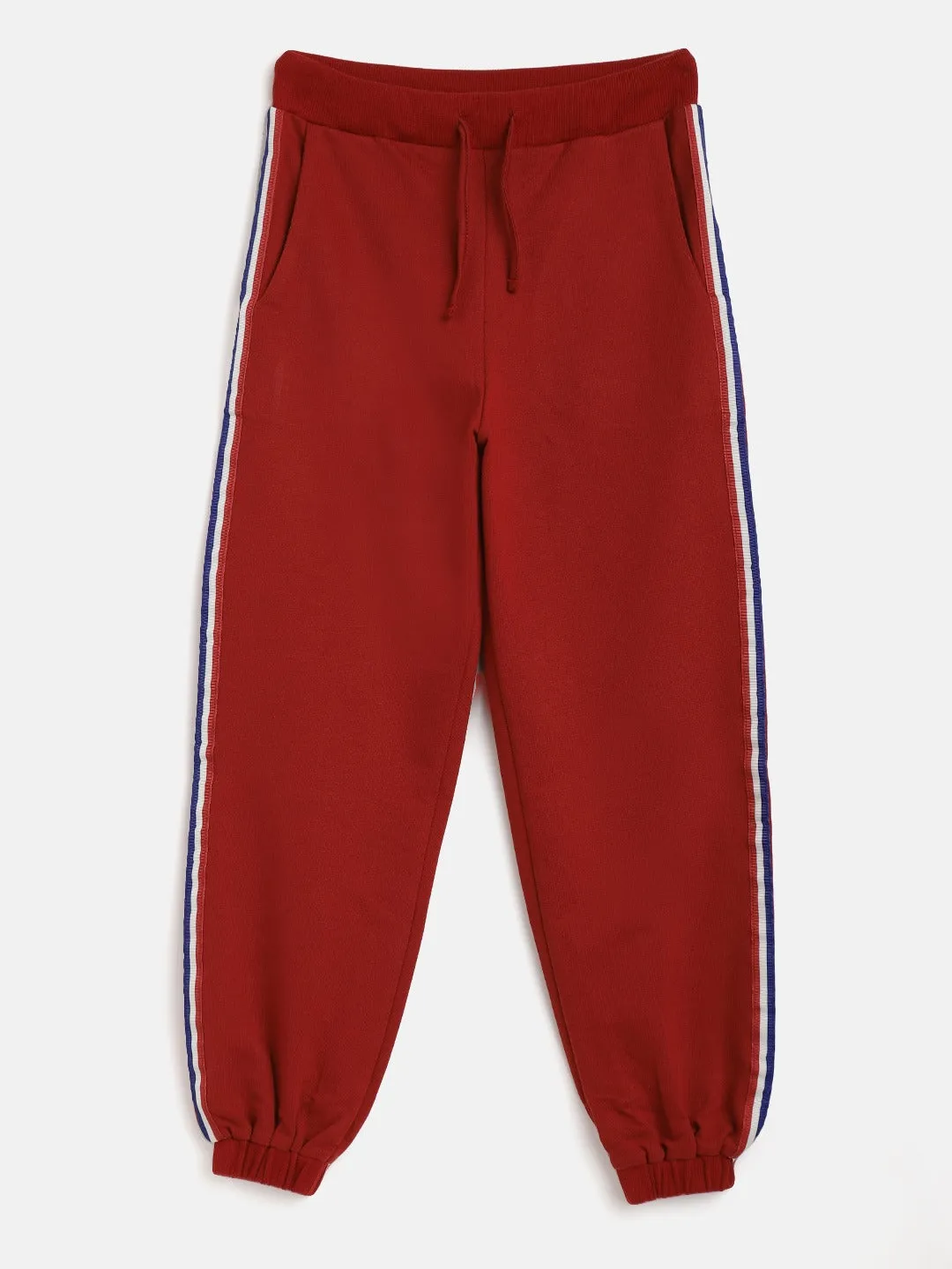 Girls Maroon Terry Side Tape Joggers