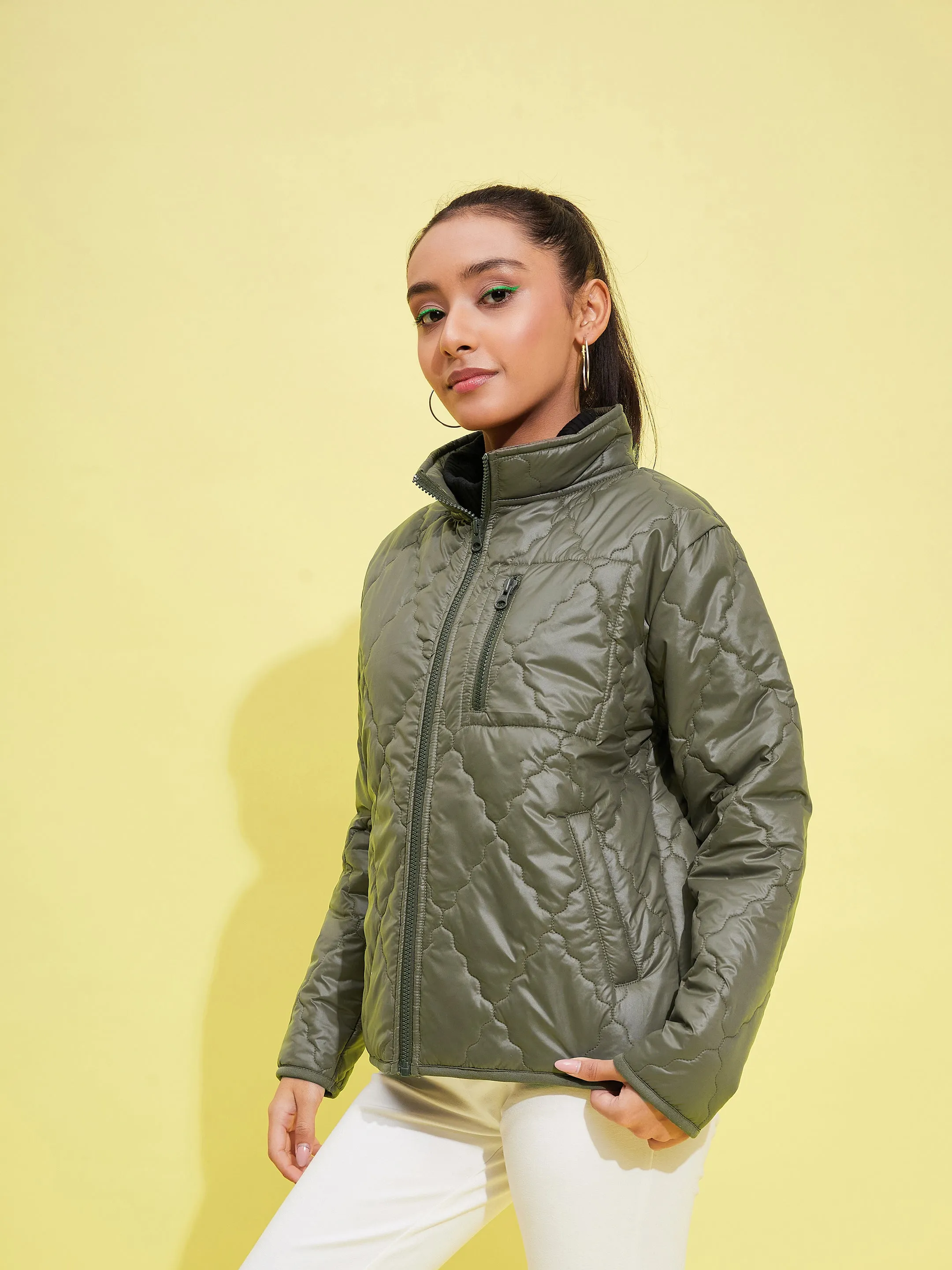 Girls Olive Quilted Zipper Jacket