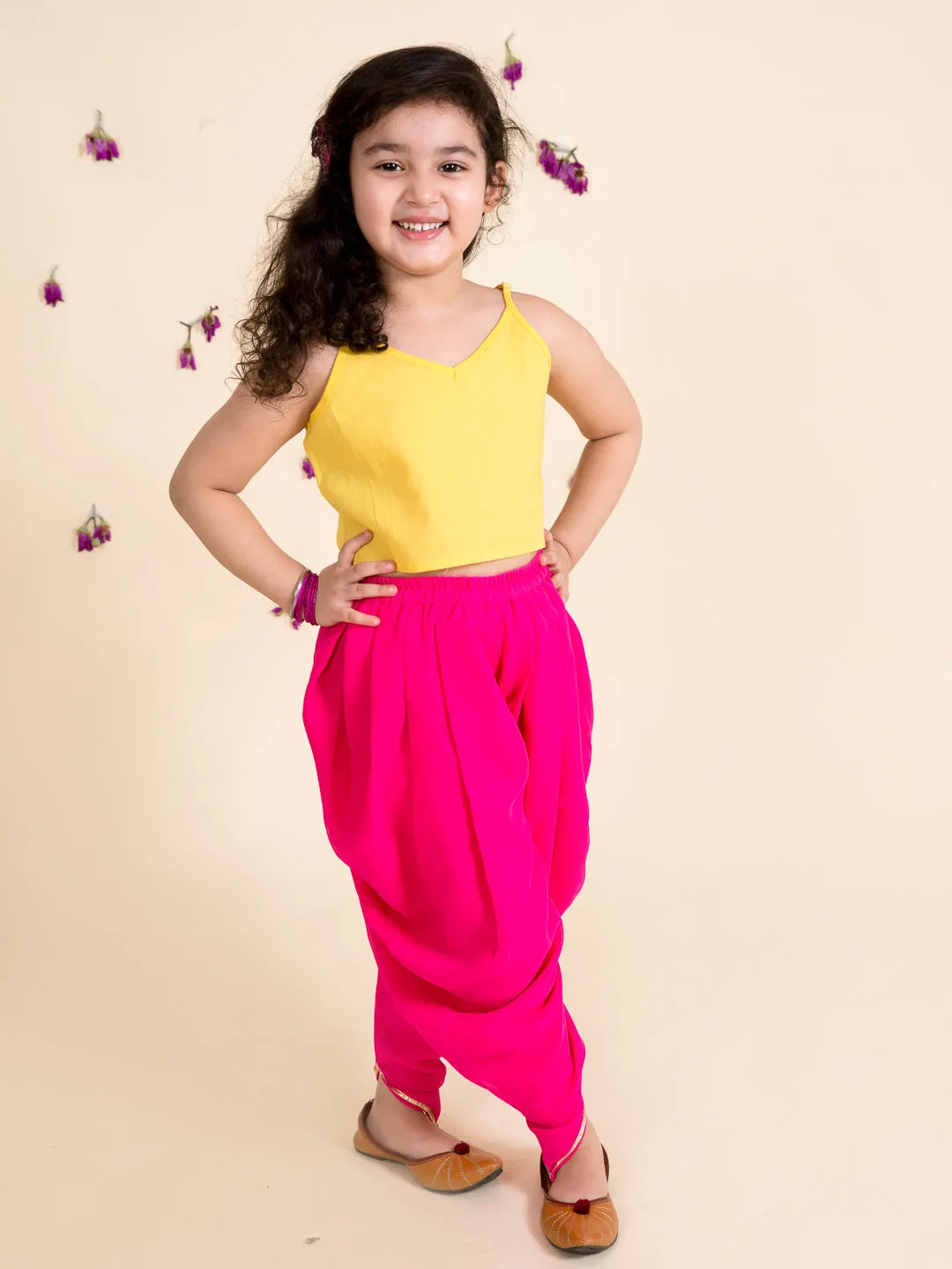 Girls Yellow Kurti With Dhoti Pants Jacket - Ps Peaches