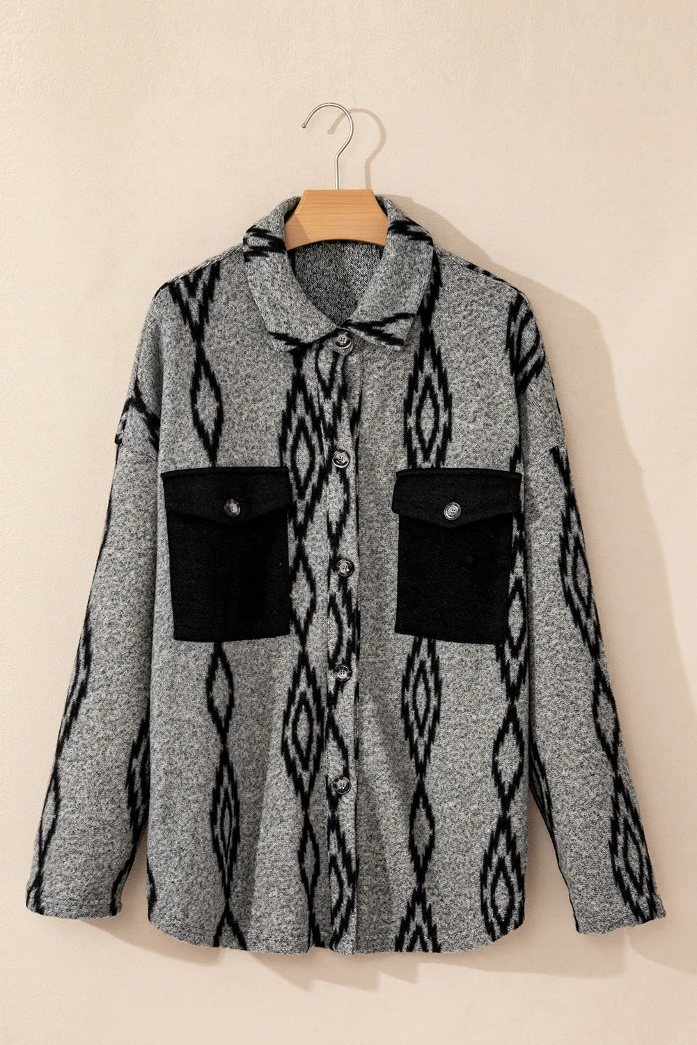 Gray Aztec Contrast Chest Pockets Loose Shacket