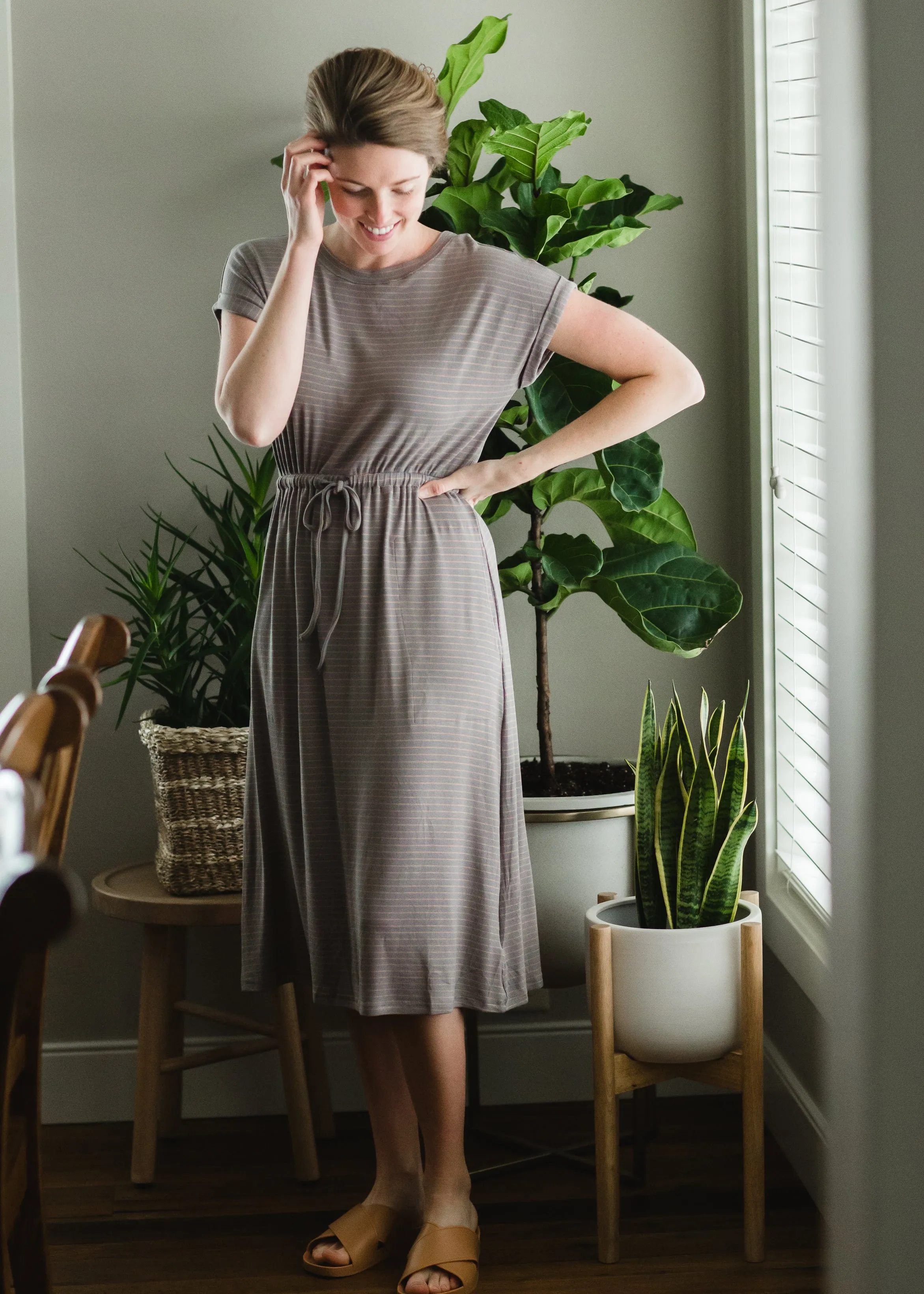 Gray Knit Striped Midi Dress