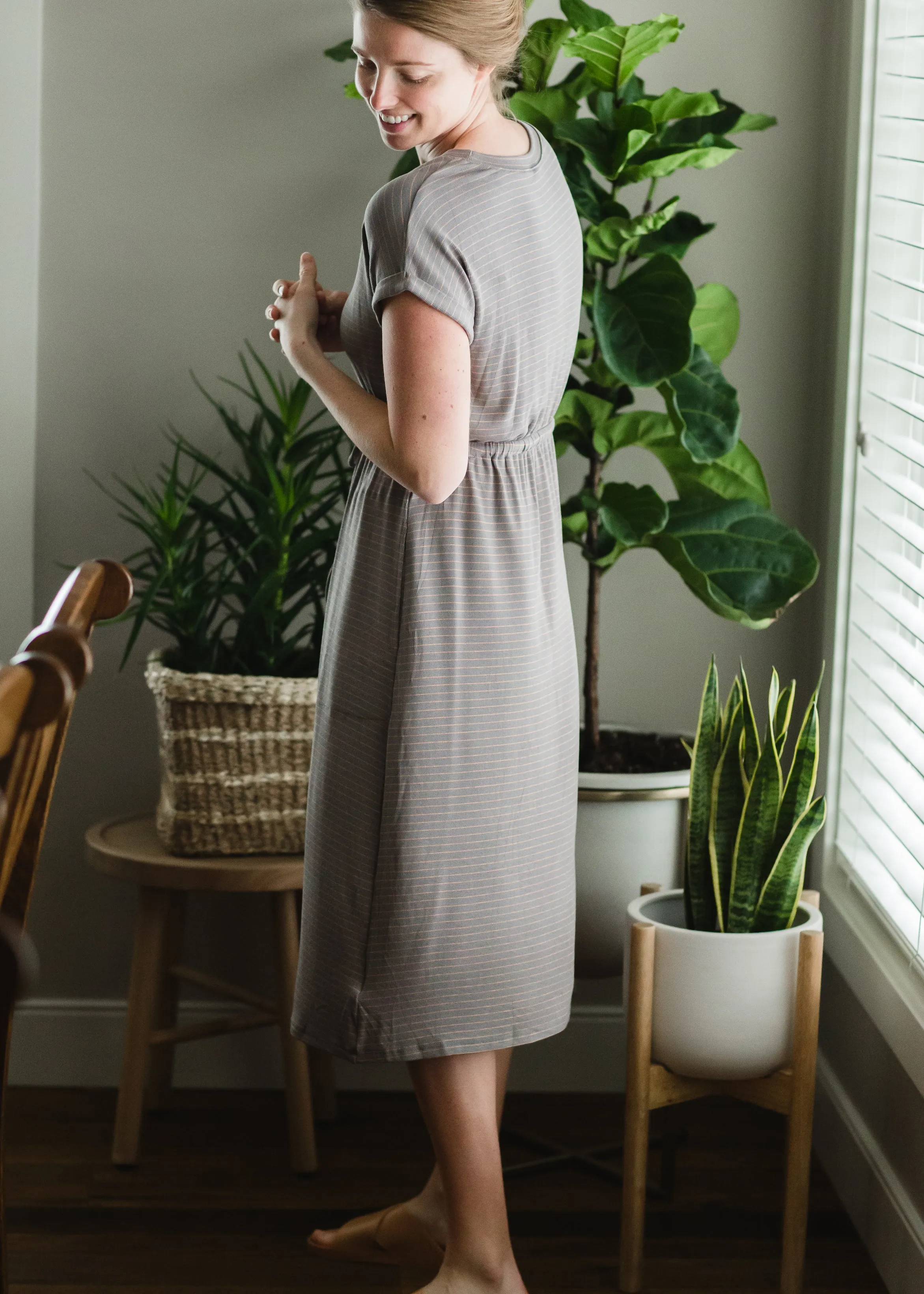 Gray Knit Striped Midi Dress