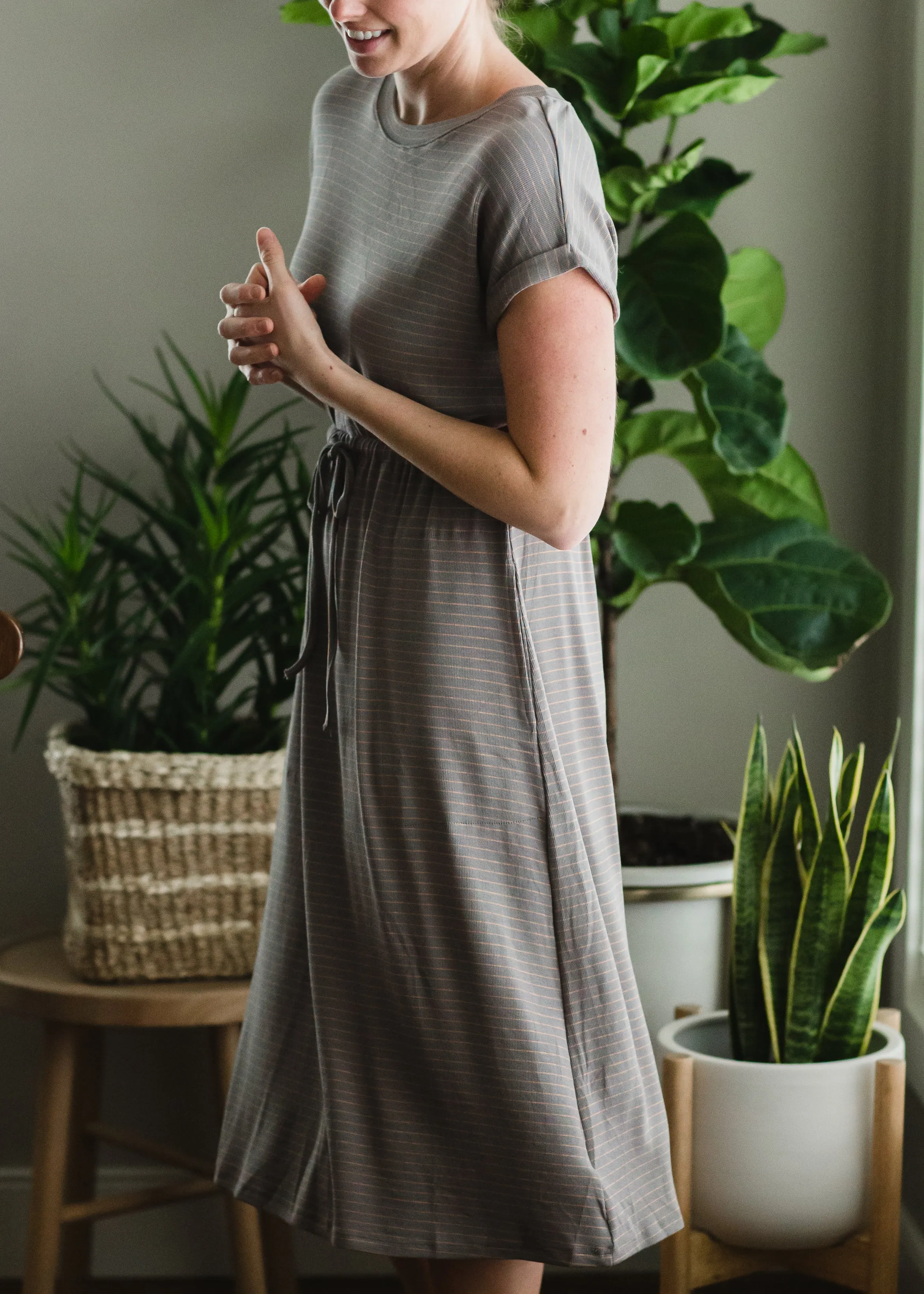 Gray Knit Striped Midi Dress