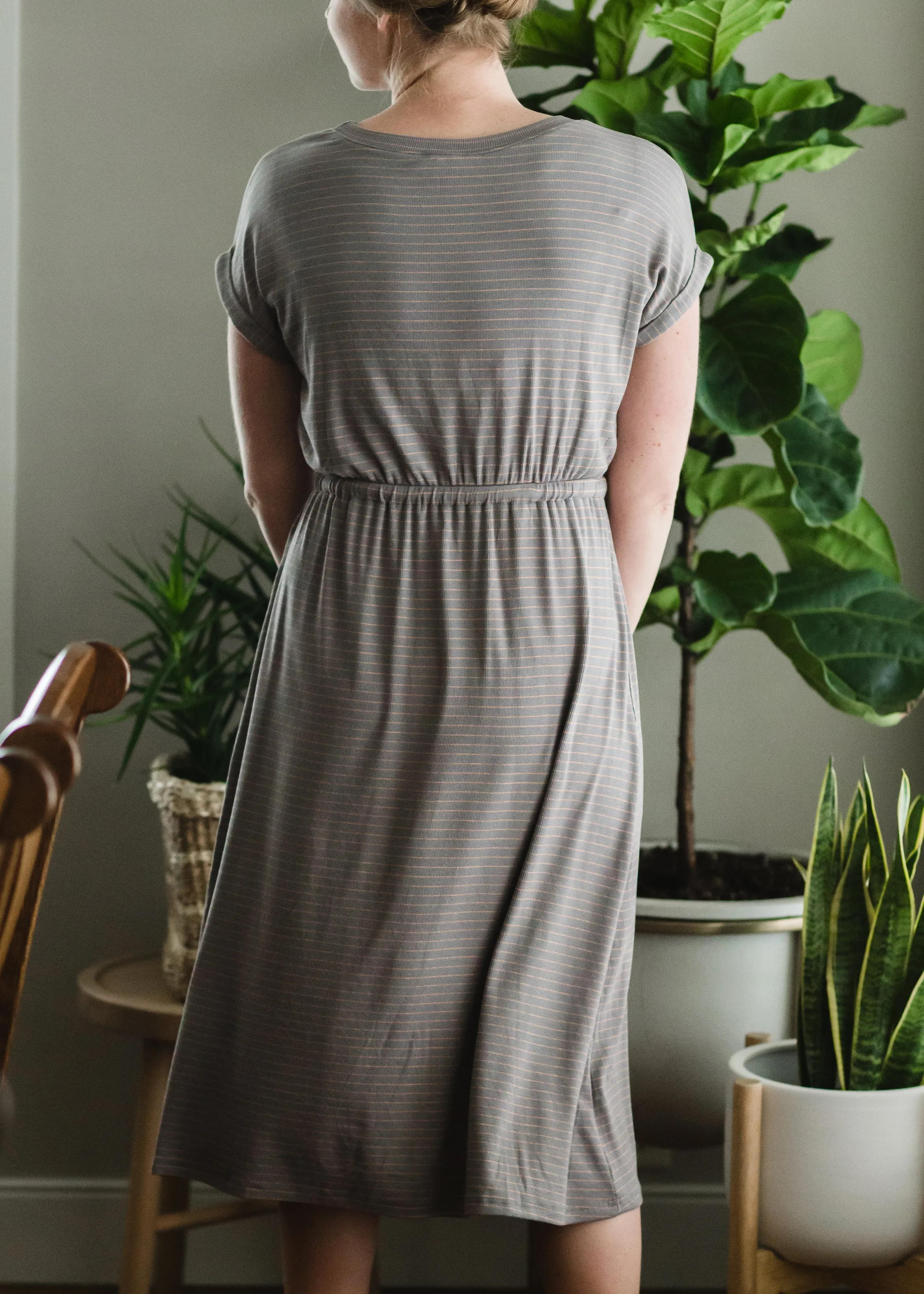 Gray Knit Striped Midi Dress