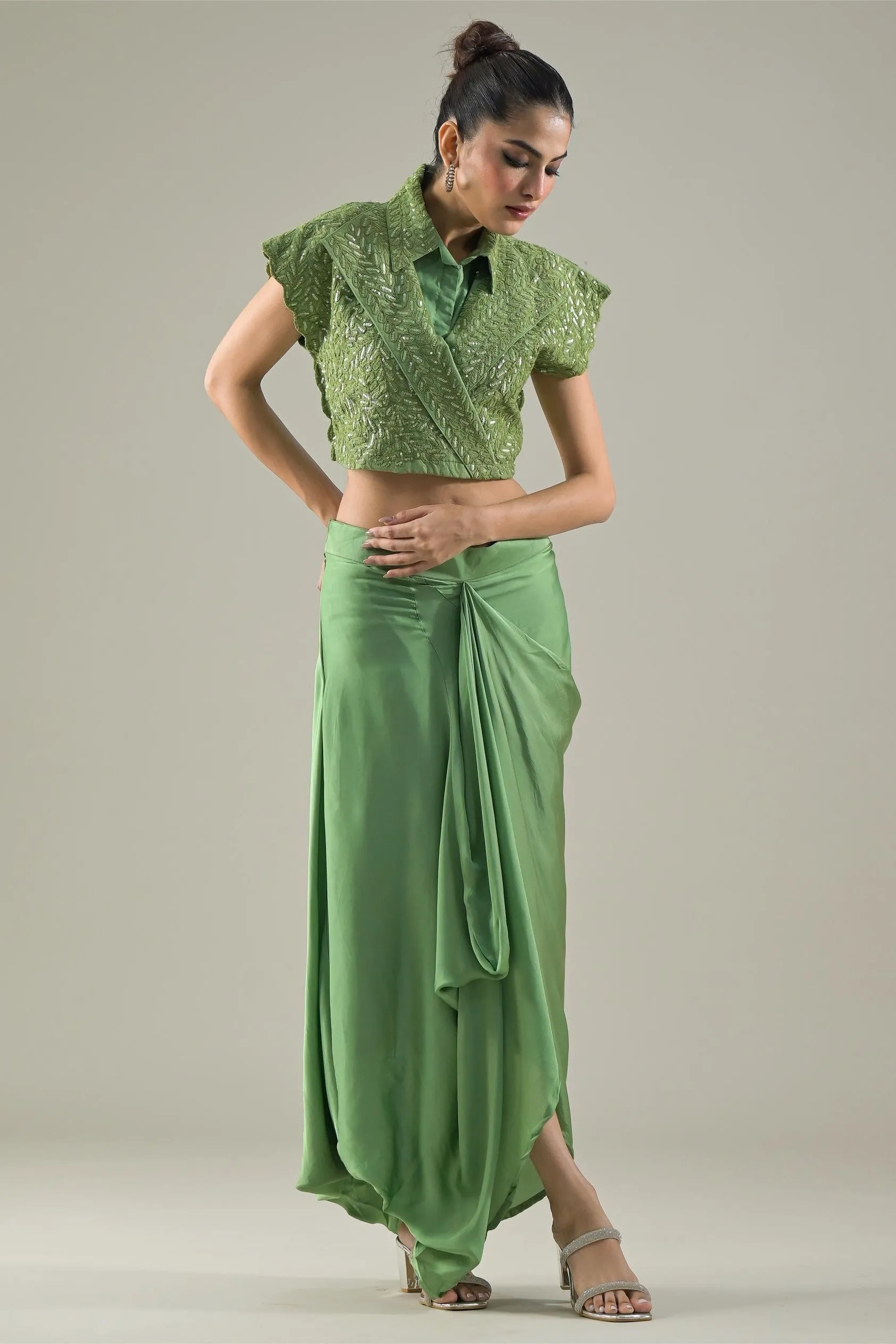 Green Embellished Raw Silk Jacket & Skirt Set