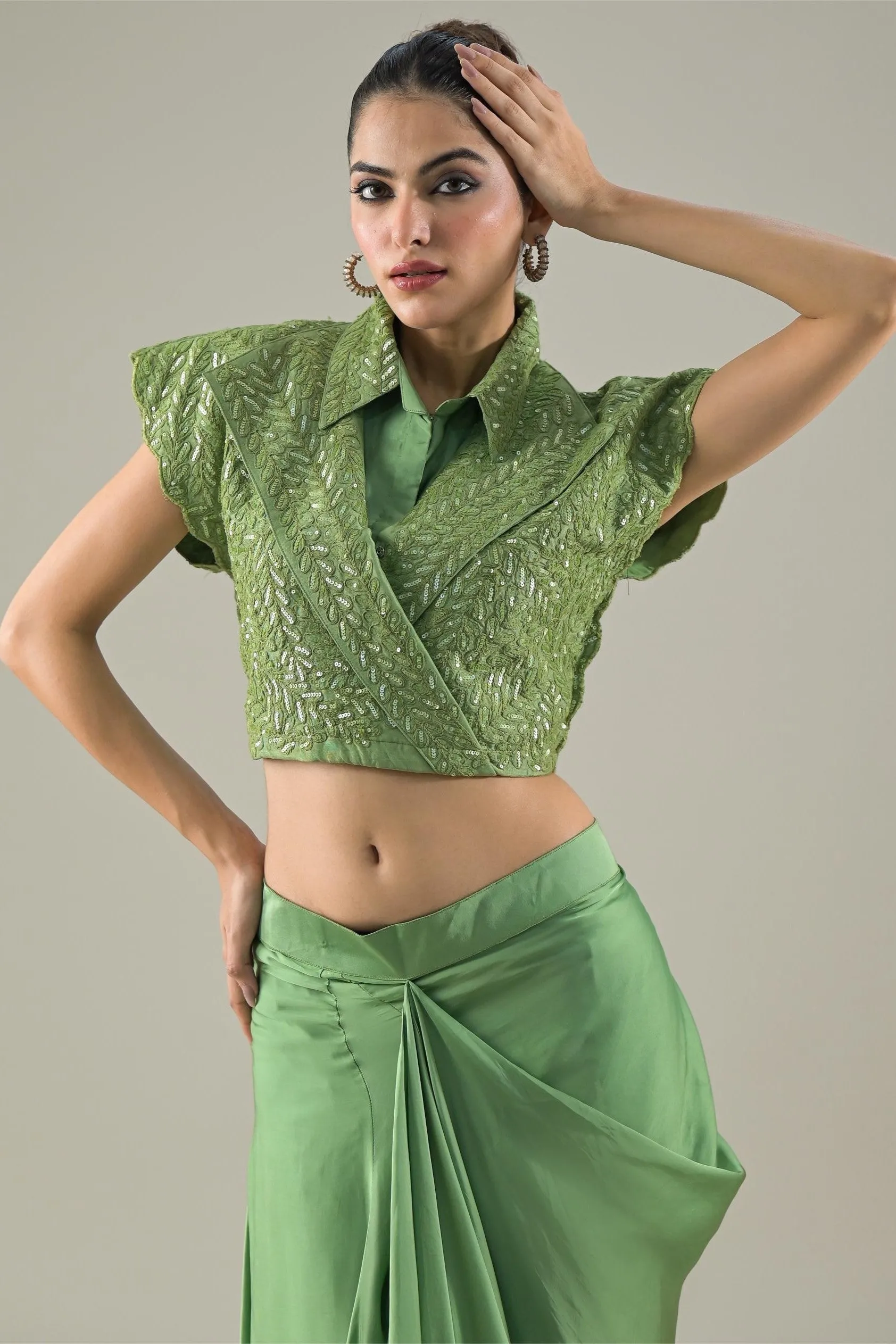 Green Embellished Raw Silk Jacket & Skirt Set