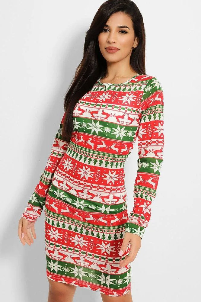 Green Red Fairisle Print Bodycon Dress