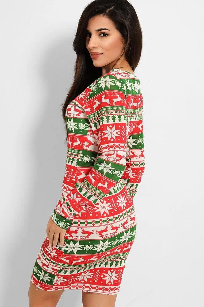 Green Red Fairisle Print Bodycon Dress