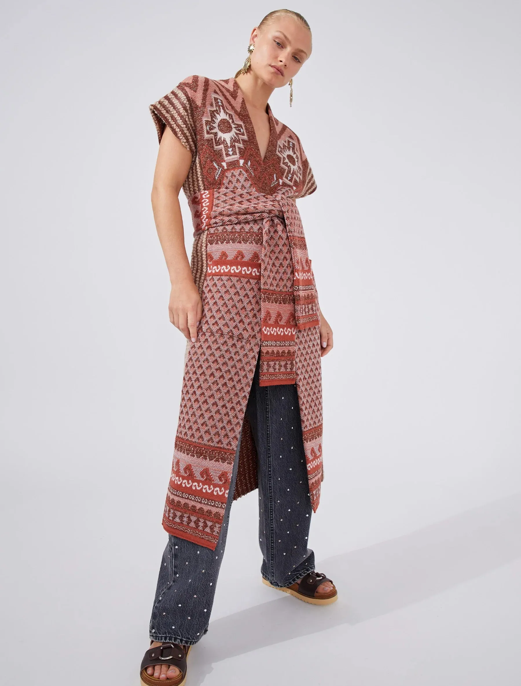 Hayley Menzies Sahara Merino Jacquard Long Gilet Terracotta