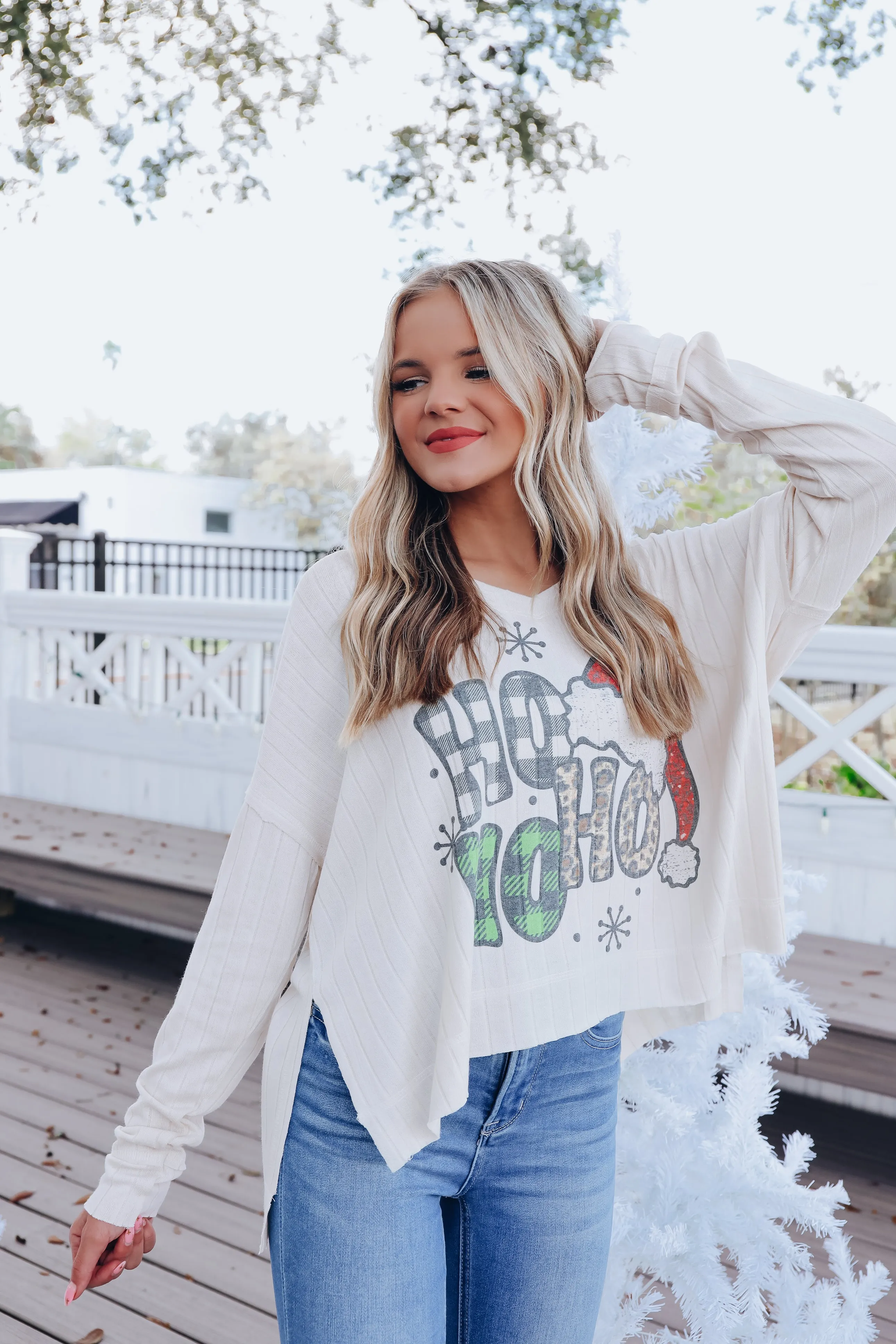 HoHoHo Wide Rib Long Sleeve Top - White